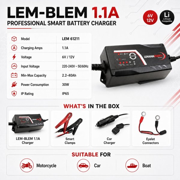 <h4><strong>Lemania Professional Smart Charger 6V/12V 1.1A Compact Battery Maintainer Made in Switzerland</strong></h4><h3><strong>Lemania Smart Charger 6V/12V 1.1A Spec Chart:</strong></h3><table border="1" cellspacing="0" cellpadding="8"><thead><tr><th><strong>Feature</strong></th><th><strong>Details</strong></th></tr></thead><tbody><tr><td><strong>Product Type</strong></td><td>Compact 6V/12V Battery Maintainer</td></tr><tr><td><strong>Application</strong></td><td>Low-Current Battery Charging and Maintenance</td></tr><tr><td><strong>Suitable For</strong></td><td>Motorcycles, Scooters, Small Vehicles, Seasonal Vehicles, Stored Batteries, and Home Garages</td></tr></tbody></table> <h4><strong>Lemania Professional Smart Charger 6V/12V 1.1A Compact Battery Maintainer Made in Switzerland</strong></h4><h3><strong>Lemania Smart Charger 6V/12V 1.1A Spec Chart:</strong></h3><table border="1" cellspacing="0" cellpadding="8"><thead><tr><th><strong>Feature</strong></th><th><strong>Details</strong></th></tr></thead><tbody><tr><td><strong>Product Type</strong></td><td>Compact 6V/12V Battery Maintainer</td></tr><tr><td><strong>Application</strong></td><td>Low-Current Battery Charging and Maintenance</td></tr><tr><td><strong>Suitable For</strong></td><td>Motorcycles, Scooters, Small Vehicles, Seasonal Vehicles, Stored Batteries, and Home Garages</td></tr></tbody></table>