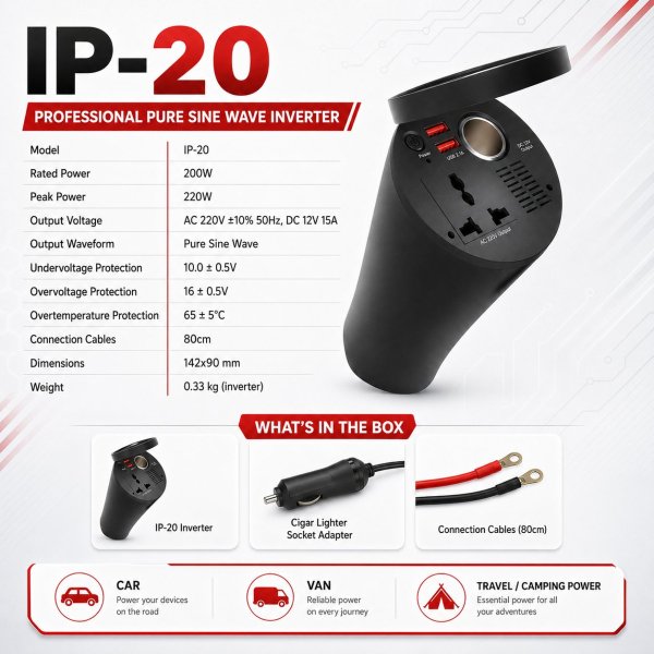 <h4><strong>Lemania IP-20 Inverter 12V 200W Compact Car Power Converter for Small Electronics Made in Switzerland</strong></h4><h3><strong>Lemania IP-20 Inverter 12V 200W Spec Chart:</strong></h3><table border="1" cellspacing="0" cellpadding="8"><thead><tr><th><strong>Feature</strong></th><th><strong>Details</strong></th></tr></thead><tbody><tr><td><strong>Product Type</strong></td><td>12V 200W Compact Vehicle Power Inverter</td></tr><tr><td><strong>Application</strong></td><td>Power Conversion for Compatible Small Electronics</td></tr><tr><td><strong>Suitable For</strong></td><td>Cars, Travel Kits, Service Vehicles, Emergency Use, Mobile Work, and Outdoor Power Needs</td></tr></tbody></table> <h4><strong>Lemania IP-20 Inverter 12V 200W Compact Car Power Converter for Small Electronics Made in Switzerland</strong></h4><h3><strong>Lemania IP-20 Inverter 12V 200W Spec Chart:</strong></h3><table border="1" cellspacing="0" cellpadding="8"><thead><tr><th><strong>Feature</strong></th><th><strong>Details</strong></th></tr></thead><tbody><tr><td><strong>Product Type</strong></td><td>12V 200W Compact Vehicle Power Inverter</td></tr><tr><td><strong>Application</strong></td><td>Power Conversion for Compatible Small Electronics</td></tr><tr><td><strong>Suitable For</strong></td><td>Cars, Travel Kits, Service Vehicles, Emergency Use, Mobile Work, and Outdoor Power Needs</td></tr></tbody></table>
