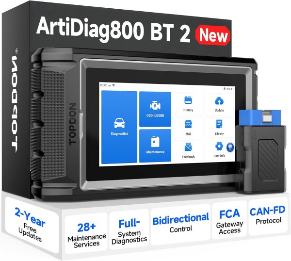 71BIOW9AYIL._AC_SL1500_.JPG <p><strong>TOPDON ArtiDiag800 BT 2</strong> is a compact wireless full-system diagnostic scanner for modern workshops, mobile mechanics, and advanced users.</p><p>It combines <strong>Bluetooth diagnostics</strong>, <strong>Active Tests</strong>, <strong>28 maintenance services</strong>, <strong>CAN-FD support</strong>, and <strong>FCA Secure Gateway access</strong> in one portable package.</p><h3>Key Features</h3><ul><li>Full-System Diagnostics</li><li>Wireless Bluetooth VCI</li><li>Active Test / Bi-Directional Control</li><li><strong>28 Maintenance Services</strong></li><li><strong>CAN-FD Support</strong></li><li><strong>FCA Secure Gateway Access</strong></li><li>AutoVIN</li><li>Live Data & Graphing</li><li>DTC Read & Clear</li><li>Health Report</li><li><strong>3 Years Software Updates / Access – Middle East Package</strong></li><li><strong>2 Years Software Updates / Access – Other Regions</strong></li></ul> <p><strong>TOPDON ArtiDiag800 BT 2</strong> is a compact wireless full-system diagnostic scanner for modern workshops, mobile mechanics, and advanced users.</p><p>It combines <strong>Bluetooth diagnostics</strong>, <strong>Active Tests</strong>, <strong>28 maintenance services</strong>, <strong>CAN-FD support</strong>, and <strong>FCA Secure Gateway access</strong> in one portable package.</p><h3>Key Features</h3><ul><li>Full-System Diagnostics</li><li>Wireless Bluetooth VCI</li><li>Active Test / Bi-Directional Control</li><li><strong>28 Maintenance Services</strong></li><li><strong>CAN-FD Support</strong></li><li><strong>FCA Secure Gateway Access</strong></li><li>AutoVIN</li><li>Live Data & Graphing</li><li>DTC Read & Clear</li><li>Health Report</li><li><strong>3 Years Software Updates / Access – Middle East Package</strong></li><li><strong>2 Years Software Updates / Access – Other Regions</strong></li></ul>