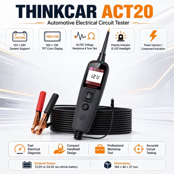 <p><strong>THINKCAR ACT20</strong> is a professional automotive electrical circuit tester for fast wiring, voltage, polarity, continuity, ground, signal and component checks.</p><h3>Key Features</h3><ul><li>Measures AC/DC voltage from 0–65V</li><li>Polarity, continuity and ground testing</li><li>Power injection for component activation</li><li>Signal-circuit analysis and short-circuit tracing</li><li>Digital color display with precision probe</li></ul><h3>Quick Specifications</h3><table style="width:100%;border-collapse:collapse;margin:14px 0;"><tr><th style="text-align:left;padding:8px;border:1px solid #ddd;background:#f7f7f7;">Model</th><td style="padding:8px;border:1px solid #ddd;">THINKCAR ACT20</td></tr><tr><th style="text-align:left;padding:8px;border:1px solid #ddd;background:#f7f7f7;">Tool Type</th><td style="padding:8px;border:1px solid #ddd;">Automotive electrical circuit tester</td></tr><tr><th style="text-align:left;padding:8px;border:1px solid #ddd;background:#f7f7f7;">Voltage Range</th><td style="padding:8px;border:1px solid #ddd;">0–65V AC/DC</td></tr><tr><th style="text-align:left;padding:8px;border:1px solid #ddd;background:#f7f7f7;">Core Tests</th><td style="padding:8px;border:1px solid #ddd;">Voltage, polarity, continuity, ground and signal circuits</td></tr><tr><th style="text-align:left;padding:8px;border:1px solid #ddd;background:#f7f7f7;">Power Function</th><td style="padding:8px;border:1px solid #ddd;">Power injection / component activation</td></tr><tr><th style="text-align:left;padding:8px;border:1px solid #ddd;background:#f7f7f7;">Applications</th><td style="padding:8px;border:1px solid #ddd;">Wiring, relays, fuses, lamps, motors and electrical components</td></tr></table> <p><strong>THINKCAR ACT20</strong> is a professional automotive electrical circuit tester for fast wiring, voltage, polarity, continuity, ground, signal and component checks.</p><h3>Key Features</h3><ul><li>Measures AC/DC voltage from 0–65V</li><li>Polarity, continuity and ground testing</li><li>Power injection for component activation</li><li>Signal-circuit analysis and short-circuit tracing</li><li>Digital color display with precision probe</li></ul><h3>Quick Specifications</h3><table style="width:100%;border-collapse:collapse;margin:14px 0;"><tr><th style="text-align:left;padding:8px;border:1px solid #ddd;background:#f7f7f7;">Model</th><td style="padding:8px;border:1px solid #ddd;">THINKCAR ACT20</td></tr><tr><th style="text-align:left;padding:8px;border:1px solid #ddd;background:#f7f7f7;">Tool Type</th><td style="padding:8px;border:1px solid #ddd;">Automotive electrical circuit tester</td></tr><tr><th style="text-align:left;padding:8px;border:1px solid #ddd;background:#f7f7f7;">Voltage Range</th><td style="padding:8px;border:1px solid #ddd;">0–65V AC/DC</td></tr><tr><th style="text-align:left;padding:8px;border:1px solid #ddd;background:#f7f7f7;">Core Tests</th><td style="padding:8px;border:1px solid #ddd;">Voltage, polarity, continuity, ground and signal circuits</td></tr><tr><th style="text-align:left;padding:8px;border:1px solid #ddd;background:#f7f7f7;">Power Function</th><td style="padding:8px;border:1px solid #ddd;">Power injection / component activation</td></tr><tr><th style="text-align:left;padding:8px;border:1px solid #ddd;background:#f7f7f7;">Applications</th><td style="padding:8px;border:1px solid #ddd;">Wiring, relays, fuses, lamps, motors and electrical components</td></tr></table>