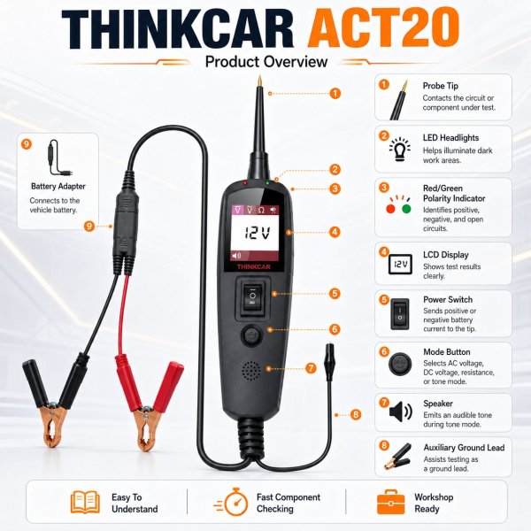 <p><strong>THINKCAR ACT20</strong> is a professional automotive electrical circuit tester for fast wiring, voltage, polarity, continuity, ground, signal and component checks.</p><h3>Key Features</h3><ul><li>Measures AC/DC voltage from 0–65V</li><li>Polarity, continuity and ground testing</li><li>Power injection for component activation</li><li>Signal-circuit analysis and short-circuit tracing</li><li>Digital color display with precision probe</li></ul><h3>Quick Specifications</h3><table style="width:100%;border-collapse:collapse;margin:14px 0;"><tr><th style="text-align:left;padding:8px;border:1px solid #ddd;background:#f7f7f7;">Model</th><td style="padding:8px;border:1px solid #ddd;">THINKCAR ACT20</td></tr><tr><th style="text-align:left;padding:8px;border:1px solid #ddd;background:#f7f7f7;">Tool Type</th><td style="padding:8px;border:1px solid #ddd;">Automotive electrical circuit tester</td></tr><tr><th style="text-align:left;padding:8px;border:1px solid #ddd;background:#f7f7f7;">Voltage Range</th><td style="padding:8px;border:1px solid #ddd;">0–65V AC/DC</td></tr><tr><th style="text-align:left;padding:8px;border:1px solid #ddd;background:#f7f7f7;">Core Tests</th><td style="padding:8px;border:1px solid #ddd;">Voltage, polarity, continuity, ground and signal circuits</td></tr><tr><th style="text-align:left;padding:8px;border:1px solid #ddd;background:#f7f7f7;">Power Function</th><td style="padding:8px;border:1px solid #ddd;">Power injection / component activation</td></tr><tr><th style="text-align:left;padding:8px;border:1px solid #ddd;background:#f7f7f7;">Applications</th><td style="padding:8px;border:1px solid #ddd;">Wiring, relays, fuses, lamps, motors and electrical components</td></tr></table> <p><strong>THINKCAR ACT20</strong> is a professional automotive electrical circuit tester for fast wiring, voltage, polarity, continuity, ground, signal and component checks.</p><h3>Key Features</h3><ul><li>Measures AC/DC voltage from 0–65V</li><li>Polarity, continuity and ground testing</li><li>Power injection for component activation</li><li>Signal-circuit analysis and short-circuit tracing</li><li>Digital color display with precision probe</li></ul><h3>Quick Specifications</h3><table style="width:100%;border-collapse:collapse;margin:14px 0;"><tr><th style="text-align:left;padding:8px;border:1px solid #ddd;background:#f7f7f7;">Model</th><td style="padding:8px;border:1px solid #ddd;">THINKCAR ACT20</td></tr><tr><th style="text-align:left;padding:8px;border:1px solid #ddd;background:#f7f7f7;">Tool Type</th><td style="padding:8px;border:1px solid #ddd;">Automotive electrical circuit tester</td></tr><tr><th style="text-align:left;padding:8px;border:1px solid #ddd;background:#f7f7f7;">Voltage Range</th><td style="padding:8px;border:1px solid #ddd;">0–65V AC/DC</td></tr><tr><th style="text-align:left;padding:8px;border:1px solid #ddd;background:#f7f7f7;">Core Tests</th><td style="padding:8px;border:1px solid #ddd;">Voltage, polarity, continuity, ground and signal circuits</td></tr><tr><th style="text-align:left;padding:8px;border:1px solid #ddd;background:#f7f7f7;">Power Function</th><td style="padding:8px;border:1px solid #ddd;">Power injection / component activation</td></tr><tr><th style="text-align:left;padding:8px;border:1px solid #ddd;background:#f7f7f7;">Applications</th><td style="padding:8px;border:1px solid #ddd;">Wiring, relays, fuses, lamps, motors and electrical components</td></tr></table>