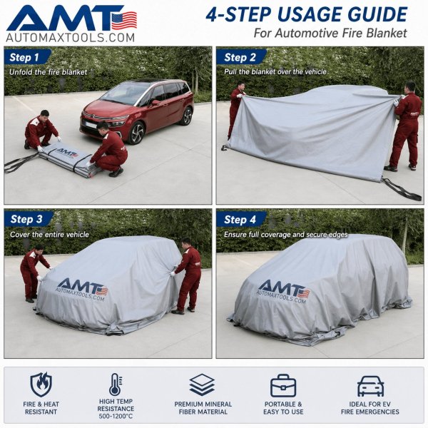 <h4>AMT Automotive Fire Blanket – Professional 6m × 9m vehicle fire containment blanket designed for EV, hybrid and conventional vehicle fire emergencies, with high-temperature-resistant mineral/ceramic fiber construction and fireproof coating.</h4> <h3>AMT Automotive Fire Blanket – Technical Specifications</h3> <table> <thead> <tr> <th><strong>Category</strong></th> <th><strong>Specification</strong></th> </tr> </thead> <tbody> <tr> <td><strong>Brand</strong></td> <td>AMT</td> </tr> <tr> <td><strong>Product Type</strong></td> <td>Automotive Fire Containment Blanket</td> </tr> <tr> <td><strong>Commercial Size</strong></td> <td>6m × 9m</td> </tr> <tr> <td><strong>Household Size Option</strong></td> <td>3m × 4m</td> </tr> <tr> <td><strong>Custom Sizes</strong></td> <td>Available on Request</td> </tr> <tr> <td><strong>Material</strong></td> <td>High-Temperature-Resistant Mineral Fiber / Ceramic Fiber</td> </tr> <tr> <td><strong>Surface Treatment</strong></td> <td>Fireproof Coating</td> </tr> <tr> <td><strong>Specified Temperature Range</strong></td> <td>Approximately 500–1200°C</td> </tr> <tr> <td><strong>Purpose</strong></td> <td>Helps Contain Flames, Heat, Smoke and Embers Around a Vehicle</td> </tr> <tr> <td><strong>Vehicle Applications</strong></td> <td>Electric, Hybrid and Conventional Vehicles</td> </tr> <tr> <td><strong>Recommended Locations</strong></td> <td>Charging Stations, Underground Parking, Workshops, Fleet Depots and Emergency Response Areas</td> </tr> <tr> <td><strong>Deployment</strong></td> <td>Rapid Manual Deployment by Trained Personnel</td> </tr> <tr> <td><strong>Storage</strong></td> <td>Compact Rolled Design with Carrying Straps</td> </tr> </tbody> </table> <h3><strong>Professional vehicle fire-containment equipment. Temperature resistance is based on the stated manufacturer specification.</strong></h3> <h3>Available from AMT Automax Tools UAE.</h3> <h4>AMT Automotive Fire Blanket – Professional 6m × 9m vehicle fire containment blanket designed for EV, hybrid and conventional vehicle fire emergencies, with high-temperature-resistant mineral/ceramic fiber construction and fireproof coating.</h4> <h3>AMT Automotive Fire Blanket – Technical Specifications</h3> <table> <thead> <tr> <th><strong>Category</strong></th> <th><strong>Specification</strong></th> </tr> </thead> <tbody> <tr> <td><strong>Brand</strong></td> <td>AMT</td> </tr> <tr> <td><strong>Product Type</strong></td> <td>Automotive Fire Containment Blanket</td> </tr> <tr> <td><strong>Commercial Size</strong></td> <td>6m × 9m</td> </tr> <tr> <td><strong>Household Size Option</strong></td> <td>3m × 4m</td> </tr> <tr> <td><strong>Custom Sizes</strong></td> <td>Available on Request</td> </tr> <tr> <td><strong>Material</strong></td> <td>High-Temperature-Resistant Mineral Fiber / Ceramic Fiber</td> </tr> <tr> <td><strong>Surface Treatment</strong></td> <td>Fireproof Coating</td> </tr> <tr> <td><strong>Specified Temperature Range</strong></td> <td>Approximately 500–1200°C</td> </tr> <tr> <td><strong>Purpose</strong></td> <td>Helps Contain Flames, Heat, Smoke and Embers Around a Vehicle</td> </tr> <tr> <td><strong>Vehicle Applications</strong></td> <td>Electric, Hybrid and Conventional Vehicles</td> </tr> <tr> <td><strong>Recommended Locations</strong></td> <td>Charging Stations, Underground Parking, Workshops, Fleet Depots and Emergency Response Areas</td> </tr> <tr> <td><strong>Deployment</strong></td> <td>Rapid Manual Deployment by Trained Personnel</td> </tr> <tr> <td><strong>Storage</strong></td> <td>Compact Rolled Design with Carrying Straps</td> </tr> </tbody> </table> <h3><strong>Professional vehicle fire-containment equipment. Temperature resistance is based on the stated manufacturer specification.</strong></h3> <h3>Available from AMT Automax Tools UAE.</h3>