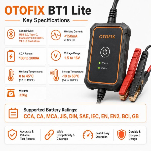 B1-LITE-2.JPEG <h4>OTOFIX BT1 Lite Professional Battery Tester – 6V/12V Battery Analyzer with 100–2000 CCA Range for Flooded, AGM, AGM Spiral, EFB and GEL Batteries with App-Based Operation</h4><h3>OTOFIX BT1 Lite – Technical Specifications</h3><table><thead><tr><th><strong>Category</strong></th><th><strong>Specification</strong></th></tr></thead><tbody><tr><td><strong>Model</strong></td><td>OTOFIX BT1 Lite</td></tr><tr><td><strong>Tool Type</strong></td><td>Professional Battery Tester</td></tr><tr><td><strong>Voltage Support</strong></td><td>6V and 12V Battery Testing</td></tr><tr><td><strong>CCA Range</strong></td><td>100–2000 CCA</td></tr><tr><td><strong>Battery Types</strong></td><td>Flooded, AGM, AGM Spiral, EFB and GEL</td></tr><tr><td><strong>Battery Test</strong></td><td>Battery Health and Voltage Condition Check</td></tr><tr><td><strong>Cranking Test</strong></td><td>Supported</td></tr><tr><td><strong>Charging System Test</strong></td><td>Supported</td></tr><tr><td><strong>Operation</strong></td><td>App-Based Operation</td></tr><tr><td><strong>Best For</strong></td><td>Garages, Battery Shops, Mobile Technicians and Used Car Inspection</td></tr></tbody></table><h3><strong>Professional 6V/12V Battery, Cranking and Charging System Tester</strong></h3><h3>Available from AMT Automax Tools UAE.</h3> <h4>OTOFIX BT1 Lite Professional Battery Tester – 6V/12V Battery Analyzer with 100–2000 CCA Range for Flooded, AGM, AGM Spiral, EFB and GEL Batteries with App-Based Operation</h4><h3>OTOFIX BT1 Lite – Technical Specifications</h3><table><thead><tr><th><strong>Category</strong></th><th><strong>Specification</strong></th></tr></thead><tbody><tr><td><strong>Model</strong></td><td>OTOFIX BT1 Lite</td></tr><tr><td><strong>Tool Type</strong></td><td>Professional Battery Tester</td></tr><tr><td><strong>Voltage Support</strong></td><td>6V and 12V Battery Testing</td></tr><tr><td><strong>CCA Range</strong></td><td>100–2000 CCA</td></tr><tr><td><strong>Battery Types</strong></td><td>Flooded, AGM, AGM Spiral, EFB and GEL</td></tr><tr><td><strong>Battery Test</strong></td><td>Battery Health and Voltage Condition Check</td></tr><tr><td><strong>Cranking Test</strong></td><td>Supported</td></tr><tr><td><strong>Charging System Test</strong></td><td>Supported</td></tr><tr><td><strong>Operation</strong></td><td>App-Based Operation</td></tr><tr><td><strong>Best For</strong></td><td>Garages, Battery Shops, Mobile Technicians and Used Car Inspection</td></tr></tbody></table><h3><strong>Professional 6V/12V Battery, Cranking and Charging System Tester</strong></h3><h3>Available from AMT Automax Tools UAE.</h3>