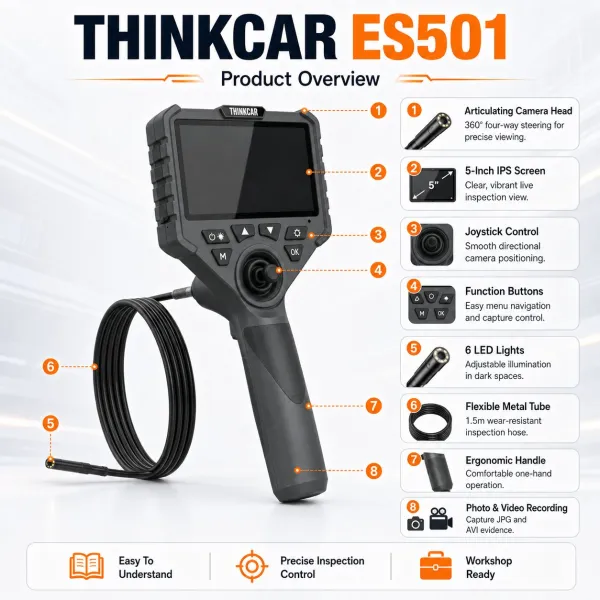 <p><strong>THINKCAR ES501</strong> is a professional 4-way articulating automotive inspection camera with a 5-inch IPS display, 6.2mm probe and adjustable LED lighting.</p><h3>Key Features</h3><ul><li>4-way articulating probe with 360° directional control</li><li>5-inch IPS inspection display</li><li>6.2mm camera head with six adjustable LEDs</li><li>1.5m flexible wear-resistant probe</li><li>1280×720 photo/video recording with 8GB storage</li></ul><h3>Quick Specifications</h3><table style="width:100%;border-collapse:collapse;margin:14px 0;"><tr><th style="text-align:left;padding:8px;border:1px solid #ddd;background:#f7f7f7;">Display</th><td style="padding:8px;border:1px solid #ddd;">5″ IPS, 480×854</td></tr><tr><th style="text-align:left;padding:8px;border:1px solid #ddd;background:#f7f7f7;">Camera Head</th><td style="padding:8px;border:1px solid #ddd;">6.2mm</td></tr><tr><th style="text-align:left;padding:8px;border:1px solid #ddd;background:#f7f7f7;">Probe</th><td style="padding:8px;border:1px solid #ddd;">1.5m, 4-way articulating</td></tr><tr><th style="text-align:left;padding:8px;border:1px solid #ddd;background:#f7f7f7;">Steering</th><td style="padding:8px;border:1px solid #ddd;">Up to 210° articulation</td></tr><tr><th style="text-align:left;padding:8px;border:1px solid #ddd;background:#f7f7f7;">Lighting</th><td style="padding:8px;border:1px solid #ddd;">6 adjustable LEDs</td></tr><tr><th style="text-align:left;padding:8px;border:1px solid #ddd;background:#f7f7f7;">Battery</th><td style="padding:8px;border:1px solid #ddd;">2200mAh, approx. 3+ hours</td></tr></table> <p><strong>THINKCAR ES501</strong> is a professional 4-way articulating automotive inspection camera with a 5-inch IPS display, 6.2mm probe and adjustable LED lighting.</p><h3>Key Features</h3><ul><li>4-way articulating probe with 360° directional control</li><li>5-inch IPS inspection display</li><li>6.2mm camera head with six adjustable LEDs</li><li>1.5m flexible wear-resistant probe</li><li>1280×720 photo/video recording with 8GB storage</li></ul><h3>Quick Specifications</h3><table style="width:100%;border-collapse:collapse;margin:14px 0;"><tr><th style="text-align:left;padding:8px;border:1px solid #ddd;background:#f7f7f7;">Display</th><td style="padding:8px;border:1px solid #ddd;">5″ IPS, 480×854</td></tr><tr><th style="text-align:left;padding:8px;border:1px solid #ddd;background:#f7f7f7;">Camera Head</th><td style="padding:8px;border:1px solid #ddd;">6.2mm</td></tr><tr><th style="text-align:left;padding:8px;border:1px solid #ddd;background:#f7f7f7;">Probe</th><td style="padding:8px;border:1px solid #ddd;">1.5m, 4-way articulating</td></tr><tr><th style="text-align:left;padding:8px;border:1px solid #ddd;background:#f7f7f7;">Steering</th><td style="padding:8px;border:1px solid #ddd;">Up to 210° articulation</td></tr><tr><th style="text-align:left;padding:8px;border:1px solid #ddd;background:#f7f7f7;">Lighting</th><td style="padding:8px;border:1px solid #ddd;">6 adjustable LEDs</td></tr><tr><th style="text-align:left;padding:8px;border:1px solid #ddd;background:#f7f7f7;">Battery</th><td style="padding:8px;border:1px solid #ddd;">2200mAh, approx. 3+ hours</td></tr></table>