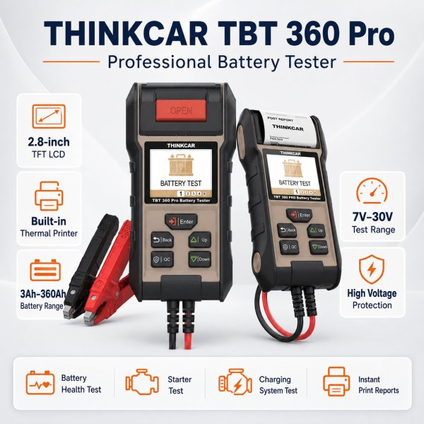 <p><strong>THINKCAR TBT360 Pro</strong> is a professional battery and charging-system analyzer with a built-in printer for instant customer reports, accurate battery health testing and starter/alternator checks.</p><h3>Key Features</h3><ul><li>12V battery health and condition testing</li><li>12V/24V starting and charging system analysis</li><li>Built-in thermal printer for instant reports</li><li>2.8-inch TFT display with clear result presentation</li><li>Battery capacity support up to 360Ah</li></ul><h3>Quick Specifications</h3><table style="width:100%;border-collapse:collapse;margin:14px 0;"><tr><th style="text-align:left;padding:8px;border:1px solid #ddd;background:#f7f7f7;">Display</th><td style="padding:8px;border:1px solid #ddd;">2.8-inch TFT LCD</td></tr><tr><th style="text-align:left;padding:8px;border:1px solid #ddd;background:#f7f7f7;">Voltage Measurement</th><td style="padding:8px;border:1px solid #ddd;">Approx. 7V–30V</td></tr><tr><th style="text-align:left;padding:8px;border:1px solid #ddd;background:#f7f7f7;">Battery Capacity</th><td style="padding:8px;border:1px solid #ddd;">Approx. 3Ah–360Ah measurement range</td></tr><tr><th style="text-align:left;padding:8px;border:1px solid #ddd;background:#f7f7f7;">Battery Test</th><td style="padding:8px;border:1px solid #ddd;">12V battery</td></tr><tr><th style="text-align:left;padding:8px;border:1px solid #ddd;background:#f7f7f7;">Starting / Charging Tests</th><td style="padding:8px;border:1px solid #ddd;">12V / 24V systems</td></tr><tr><th style="text-align:left;padding:8px;border:1px solid #ddd;background:#f7f7f7;">Report Output</th><td style="padding:8px;border:1px solid #ddd;">Built-in printer</td></tr></table> <p><strong>THINKCAR TBT360 Pro</strong> is a professional battery and charging-system analyzer with a built-in printer for instant customer reports, accurate battery health testing and starter/alternator checks.</p><h3>Key Features</h3><ul><li>12V battery health and condition testing</li><li>12V/24V starting and charging system analysis</li><li>Built-in thermal printer for instant reports</li><li>2.8-inch TFT display with clear result presentation</li><li>Battery capacity support up to 360Ah</li></ul><h3>Quick Specifications</h3><table style="width:100%;border-collapse:collapse;margin:14px 0;"><tr><th style="text-align:left;padding:8px;border:1px solid #ddd;background:#f7f7f7;">Display</th><td style="padding:8px;border:1px solid #ddd;">2.8-inch TFT LCD</td></tr><tr><th style="text-align:left;padding:8px;border:1px solid #ddd;background:#f7f7f7;">Voltage Measurement</th><td style="padding:8px;border:1px solid #ddd;">Approx. 7V–30V</td></tr><tr><th style="text-align:left;padding:8px;border:1px solid #ddd;background:#f7f7f7;">Battery Capacity</th><td style="padding:8px;border:1px solid #ddd;">Approx. 3Ah–360Ah measurement range</td></tr><tr><th style="text-align:left;padding:8px;border:1px solid #ddd;background:#f7f7f7;">Battery Test</th><td style="padding:8px;border:1px solid #ddd;">12V battery</td></tr><tr><th style="text-align:left;padding:8px;border:1px solid #ddd;background:#f7f7f7;">Starting / Charging Tests</th><td style="padding:8px;border:1px solid #ddd;">12V / 24V systems</td></tr><tr><th style="text-align:left;padding:8px;border:1px solid #ddd;background:#f7f7f7;">Report Output</th><td style="padding:8px;border:1px solid #ddd;">Built-in printer</td></tr></table>