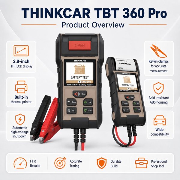<p><strong>THINKCAR TBT360 Pro</strong> is a professional battery and charging-system analyzer with a built-in printer for instant customer reports, accurate battery health testing and starter/alternator checks.</p><h3>Key Features</h3><ul><li>12V battery health and condition testing</li><li>12V/24V starting and charging system analysis</li><li>Built-in thermal printer for instant reports</li><li>2.8-inch TFT display with clear result presentation</li><li>Battery capacity support up to 360Ah</li></ul><h3>Quick Specifications</h3><table style="width:100%;border-collapse:collapse;margin:14px 0;"><tr><th style="text-align:left;padding:8px;border:1px solid #ddd;background:#f7f7f7;">Display</th><td style="padding:8px;border:1px solid #ddd;">2.8-inch TFT LCD</td></tr><tr><th style="text-align:left;padding:8px;border:1px solid #ddd;background:#f7f7f7;">Voltage Measurement</th><td style="padding:8px;border:1px solid #ddd;">Approx. 7V–30V</td></tr><tr><th style="text-align:left;padding:8px;border:1px solid #ddd;background:#f7f7f7;">Battery Capacity</th><td style="padding:8px;border:1px solid #ddd;">Approx. 3Ah–360Ah measurement range</td></tr><tr><th style="text-align:left;padding:8px;border:1px solid #ddd;background:#f7f7f7;">Battery Test</th><td style="padding:8px;border:1px solid #ddd;">12V battery</td></tr><tr><th style="text-align:left;padding:8px;border:1px solid #ddd;background:#f7f7f7;">Starting / Charging Tests</th><td style="padding:8px;border:1px solid #ddd;">12V / 24V systems</td></tr><tr><th style="text-align:left;padding:8px;border:1px solid #ddd;background:#f7f7f7;">Report Output</th><td style="padding:8px;border:1px solid #ddd;">Built-in printer</td></tr></table> <p><strong>THINKCAR TBT360 Pro</strong> is a professional battery and charging-system analyzer with a built-in printer for instant customer reports, accurate battery health testing and starter/alternator checks.</p><h3>Key Features</h3><ul><li>12V battery health and condition testing</li><li>12V/24V starting and charging system analysis</li><li>Built-in thermal printer for instant reports</li><li>2.8-inch TFT display with clear result presentation</li><li>Battery capacity support up to 360Ah</li></ul><h3>Quick Specifications</h3><table style="width:100%;border-collapse:collapse;margin:14px 0;"><tr><th style="text-align:left;padding:8px;border:1px solid #ddd;background:#f7f7f7;">Display</th><td style="padding:8px;border:1px solid #ddd;">2.8-inch TFT LCD</td></tr><tr><th style="text-align:left;padding:8px;border:1px solid #ddd;background:#f7f7f7;">Voltage Measurement</th><td style="padding:8px;border:1px solid #ddd;">Approx. 7V–30V</td></tr><tr><th style="text-align:left;padding:8px;border:1px solid #ddd;background:#f7f7f7;">Battery Capacity</th><td style="padding:8px;border:1px solid #ddd;">Approx. 3Ah–360Ah measurement range</td></tr><tr><th style="text-align:left;padding:8px;border:1px solid #ddd;background:#f7f7f7;">Battery Test</th><td style="padding:8px;border:1px solid #ddd;">12V battery</td></tr><tr><th style="text-align:left;padding:8px;border:1px solid #ddd;background:#f7f7f7;">Starting / Charging Tests</th><td style="padding:8px;border:1px solid #ddd;">12V / 24V systems</td></tr><tr><th style="text-align:left;padding:8px;border:1px solid #ddd;background:#f7f7f7;">Report Output</th><td style="padding:8px;border:1px solid #ddd;">Built-in printer</td></tr></table>