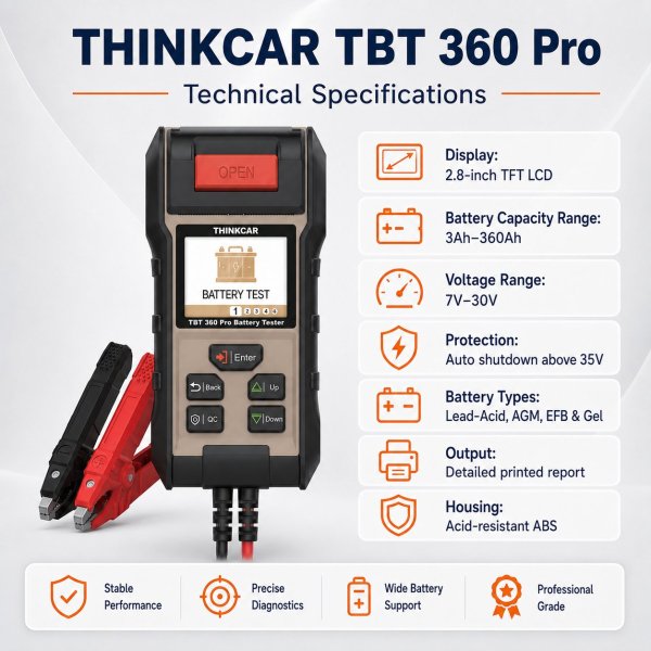 <p><strong>THINKCAR TBT360 Pro</strong> is a professional battery and charging-system analyzer with a built-in printer for instant customer reports, accurate battery health testing and starter/alternator checks.</p><h3>Key Features</h3><ul><li>12V battery health and condition testing</li><li>12V/24V starting and charging system analysis</li><li>Built-in thermal printer for instant reports</li><li>2.8-inch TFT display with clear result presentation</li><li>Battery capacity support up to 360Ah</li></ul><h3>Quick Specifications</h3><table style="width:100%;border-collapse:collapse;margin:14px 0;"><tr><th style="text-align:left;padding:8px;border:1px solid #ddd;background:#f7f7f7;">Display</th><td style="padding:8px;border:1px solid #ddd;">2.8-inch TFT LCD</td></tr><tr><th style="text-align:left;padding:8px;border:1px solid #ddd;background:#f7f7f7;">Voltage Measurement</th><td style="padding:8px;border:1px solid #ddd;">Approx. 7V–30V</td></tr><tr><th style="text-align:left;padding:8px;border:1px solid #ddd;background:#f7f7f7;">Battery Capacity</th><td style="padding:8px;border:1px solid #ddd;">Approx. 3Ah–360Ah measurement range</td></tr><tr><th style="text-align:left;padding:8px;border:1px solid #ddd;background:#f7f7f7;">Battery Test</th><td style="padding:8px;border:1px solid #ddd;">12V battery</td></tr><tr><th style="text-align:left;padding:8px;border:1px solid #ddd;background:#f7f7f7;">Starting / Charging Tests</th><td style="padding:8px;border:1px solid #ddd;">12V / 24V systems</td></tr><tr><th style="text-align:left;padding:8px;border:1px solid #ddd;background:#f7f7f7;">Report Output</th><td style="padding:8px;border:1px solid #ddd;">Built-in printer</td></tr></table> <p><strong>THINKCAR TBT360 Pro</strong> is a professional battery and charging-system analyzer with a built-in printer for instant customer reports, accurate battery health testing and starter/alternator checks.</p><h3>Key Features</h3><ul><li>12V battery health and condition testing</li><li>12V/24V starting and charging system analysis</li><li>Built-in thermal printer for instant reports</li><li>2.8-inch TFT display with clear result presentation</li><li>Battery capacity support up to 360Ah</li></ul><h3>Quick Specifications</h3><table style="width:100%;border-collapse:collapse;margin:14px 0;"><tr><th style="text-align:left;padding:8px;border:1px solid #ddd;background:#f7f7f7;">Display</th><td style="padding:8px;border:1px solid #ddd;">2.8-inch TFT LCD</td></tr><tr><th style="text-align:left;padding:8px;border:1px solid #ddd;background:#f7f7f7;">Voltage Measurement</th><td style="padding:8px;border:1px solid #ddd;">Approx. 7V–30V</td></tr><tr><th style="text-align:left;padding:8px;border:1px solid #ddd;background:#f7f7f7;">Battery Capacity</th><td style="padding:8px;border:1px solid #ddd;">Approx. 3Ah–360Ah measurement range</td></tr><tr><th style="text-align:left;padding:8px;border:1px solid #ddd;background:#f7f7f7;">Battery Test</th><td style="padding:8px;border:1px solid #ddd;">12V battery</td></tr><tr><th style="text-align:left;padding:8px;border:1px solid #ddd;background:#f7f7f7;">Starting / Charging Tests</th><td style="padding:8px;border:1px solid #ddd;">12V / 24V systems</td></tr><tr><th style="text-align:left;padding:8px;border:1px solid #ddd;background:#f7f7f7;">Report Output</th><td style="padding:8px;border:1px solid #ddd;">Built-in printer</td></tr></table>