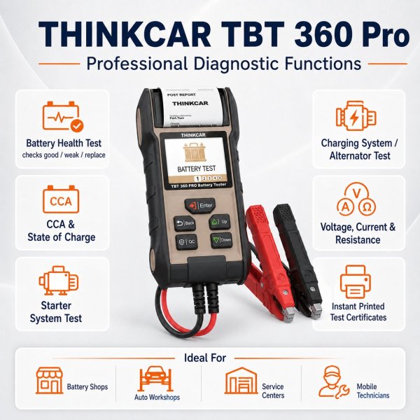 <p><strong>THINKCAR TBT360 Pro</strong> is a professional battery and charging-system analyzer with a built-in printer for instant customer reports, accurate battery health testing and starter/alternator checks.</p><h3>Key Features</h3><ul><li>12V battery health and condition testing</li><li>12V/24V starting and charging system analysis</li><li>Built-in thermal printer for instant reports</li><li>2.8-inch TFT display with clear result presentation</li><li>Battery capacity support up to 360Ah</li></ul><h3>Quick Specifications</h3><table style="width:100%;border-collapse:collapse;margin:14px 0;"><tr><th style="text-align:left;padding:8px;border:1px solid #ddd;background:#f7f7f7;">Display</th><td style="padding:8px;border:1px solid #ddd;">2.8-inch TFT LCD</td></tr><tr><th style="text-align:left;padding:8px;border:1px solid #ddd;background:#f7f7f7;">Voltage Measurement</th><td style="padding:8px;border:1px solid #ddd;">Approx. 7V–30V</td></tr><tr><th style="text-align:left;padding:8px;border:1px solid #ddd;background:#f7f7f7;">Battery Capacity</th><td style="padding:8px;border:1px solid #ddd;">Approx. 3Ah–360Ah measurement range</td></tr><tr><th style="text-align:left;padding:8px;border:1px solid #ddd;background:#f7f7f7;">Battery Test</th><td style="padding:8px;border:1px solid #ddd;">12V battery</td></tr><tr><th style="text-align:left;padding:8px;border:1px solid #ddd;background:#f7f7f7;">Starting / Charging Tests</th><td style="padding:8px;border:1px solid #ddd;">12V / 24V systems</td></tr><tr><th style="text-align:left;padding:8px;border:1px solid #ddd;background:#f7f7f7;">Report Output</th><td style="padding:8px;border:1px solid #ddd;">Built-in printer</td></tr></table> <p><strong>THINKCAR TBT360 Pro</strong> is a professional battery and charging-system analyzer with a built-in printer for instant customer reports, accurate battery health testing and starter/alternator checks.</p><h3>Key Features</h3><ul><li>12V battery health and condition testing</li><li>12V/24V starting and charging system analysis</li><li>Built-in thermal printer for instant reports</li><li>2.8-inch TFT display with clear result presentation</li><li>Battery capacity support up to 360Ah</li></ul><h3>Quick Specifications</h3><table style="width:100%;border-collapse:collapse;margin:14px 0;"><tr><th style="text-align:left;padding:8px;border:1px solid #ddd;background:#f7f7f7;">Display</th><td style="padding:8px;border:1px solid #ddd;">2.8-inch TFT LCD</td></tr><tr><th style="text-align:left;padding:8px;border:1px solid #ddd;background:#f7f7f7;">Voltage Measurement</th><td style="padding:8px;border:1px solid #ddd;">Approx. 7V–30V</td></tr><tr><th style="text-align:left;padding:8px;border:1px solid #ddd;background:#f7f7f7;">Battery Capacity</th><td style="padding:8px;border:1px solid #ddd;">Approx. 3Ah–360Ah measurement range</td></tr><tr><th style="text-align:left;padding:8px;border:1px solid #ddd;background:#f7f7f7;">Battery Test</th><td style="padding:8px;border:1px solid #ddd;">12V battery</td></tr><tr><th style="text-align:left;padding:8px;border:1px solid #ddd;background:#f7f7f7;">Starting / Charging Tests</th><td style="padding:8px;border:1px solid #ddd;">12V / 24V systems</td></tr><tr><th style="text-align:left;padding:8px;border:1px solid #ddd;background:#f7f7f7;">Report Output</th><td style="padding:8px;border:1px solid #ddd;">Built-in printer</td></tr></table>