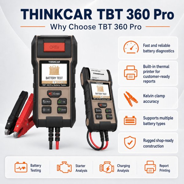 <p><strong>THINKCAR TBT360 Pro</strong> is a professional battery and charging-system analyzer with a built-in printer for instant customer reports, accurate battery health testing and starter/alternator checks.</p><h3>Key Features</h3><ul><li>12V battery health and condition testing</li><li>12V/24V starting and charging system analysis</li><li>Built-in thermal printer for instant reports</li><li>2.8-inch TFT display with clear result presentation</li><li>Battery capacity support up to 360Ah</li></ul><h3>Quick Specifications</h3><table style="width:100%;border-collapse:collapse;margin:14px 0;"><tr><th style="text-align:left;padding:8px;border:1px solid #ddd;background:#f7f7f7;">Display</th><td style="padding:8px;border:1px solid #ddd;">2.8-inch TFT LCD</td></tr><tr><th style="text-align:left;padding:8px;border:1px solid #ddd;background:#f7f7f7;">Voltage Measurement</th><td style="padding:8px;border:1px solid #ddd;">Approx. 7V–30V</td></tr><tr><th style="text-align:left;padding:8px;border:1px solid #ddd;background:#f7f7f7;">Battery Capacity</th><td style="padding:8px;border:1px solid #ddd;">Approx. 3Ah–360Ah measurement range</td></tr><tr><th style="text-align:left;padding:8px;border:1px solid #ddd;background:#f7f7f7;">Battery Test</th><td style="padding:8px;border:1px solid #ddd;">12V battery</td></tr><tr><th style="text-align:left;padding:8px;border:1px solid #ddd;background:#f7f7f7;">Starting / Charging Tests</th><td style="padding:8px;border:1px solid #ddd;">12V / 24V systems</td></tr><tr><th style="text-align:left;padding:8px;border:1px solid #ddd;background:#f7f7f7;">Report Output</th><td style="padding:8px;border:1px solid #ddd;">Built-in printer</td></tr></table> <p><strong>THINKCAR TBT360 Pro</strong> is a professional battery and charging-system analyzer with a built-in printer for instant customer reports, accurate battery health testing and starter/alternator checks.</p><h3>Key Features</h3><ul><li>12V battery health and condition testing</li><li>12V/24V starting and charging system analysis</li><li>Built-in thermal printer for instant reports</li><li>2.8-inch TFT display with clear result presentation</li><li>Battery capacity support up to 360Ah</li></ul><h3>Quick Specifications</h3><table style="width:100%;border-collapse:collapse;margin:14px 0;"><tr><th style="text-align:left;padding:8px;border:1px solid #ddd;background:#f7f7f7;">Display</th><td style="padding:8px;border:1px solid #ddd;">2.8-inch TFT LCD</td></tr><tr><th style="text-align:left;padding:8px;border:1px solid #ddd;background:#f7f7f7;">Voltage Measurement</th><td style="padding:8px;border:1px solid #ddd;">Approx. 7V–30V</td></tr><tr><th style="text-align:left;padding:8px;border:1px solid #ddd;background:#f7f7f7;">Battery Capacity</th><td style="padding:8px;border:1px solid #ddd;">Approx. 3Ah–360Ah measurement range</td></tr><tr><th style="text-align:left;padding:8px;border:1px solid #ddd;background:#f7f7f7;">Battery Test</th><td style="padding:8px;border:1px solid #ddd;">12V battery</td></tr><tr><th style="text-align:left;padding:8px;border:1px solid #ddd;background:#f7f7f7;">Starting / Charging Tests</th><td style="padding:8px;border:1px solid #ddd;">12V / 24V systems</td></tr><tr><th style="text-align:left;padding:8px;border:1px solid #ddd;background:#f7f7f7;">Report Output</th><td style="padding:8px;border:1px solid #ddd;">Built-in printer</td></tr></table>