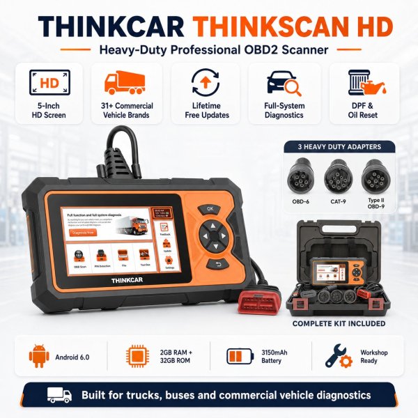 <p><strong>THINKCAR ThinkScan HD</strong> is a compact 5-inch heavy-duty diagnostic scanner designed for trucks, buses and commercial vehicles, with DTC functions, live data, DPF service support and dedicated HD adapters.</p><h3>Key Features</h3><ul><li>Professional heavy-duty and commercial-vehicle diagnostics</li><li>Read and clear DTCs, freeze-frame data and live data</li><li>DPF-related service functions on supported vehicles</li><li>Supports 31+ common commercial-vehicle brands</li><li>3 years of software updates with this product package</li></ul><h3>Quick Specifications</h3><table style="width:100%;border-collapse:collapse;margin:14px 0;"><tr><th style="text-align:left;padding:8px;border:1px solid #ddd;background:#f7f7f7;">Display</th><td style="padding:8px;border:1px solid #ddd;">5-inch touchscreen</td></tr><tr><th style="text-align:left;padding:8px;border:1px solid #ddd;background:#f7f7f7;">Operating System</th><td style="padding:8px;border:1px solid #ddd;">Android</td></tr><tr><th style="text-align:left;padding:8px;border:1px solid #ddd;background:#f7f7f7;">Memory</th><td style="padding:8px;border:1px solid #ddd;">2GB RAM / up to 64GB storage depending on regional version</td></tr><tr><th style="text-align:left;padding:8px;border:1px solid #ddd;background:#f7f7f7;">Battery</th><td style="padding:8px;border:1px solid #ddd;">3150mAh</td></tr><tr><th style="text-align:left;padding:8px;border:1px solid #ddd;background:#f7f7f7;">Vehicle Voltage</th><td style="padding:8px;border:1px solid #ddd;">Heavy-duty / commercial 24V applications</td></tr><tr><th style="text-align:left;padding:8px;border:1px solid #ddd;background:#f7f7f7;">Included HD Connections</th><td style="padding:8px;border:1px solid #ddd;">Type II OBD-9, OBD-6, CAT-9 and DB15 diagnostic cable</td></tr></table><p style="color:#c00000;"><strong>Heavy-duty coverage varies by manufacturer, vehicle system and model year.</strong></p><p style="color:#c00000;"><strong>Warranty: 2 years. Software updates: 3 years included with this scanner.</strong></p> <p><strong>THINKCAR ThinkScan HD</strong> is a compact 5-inch heavy-duty diagnostic scanner designed for trucks, buses and commercial vehicles, with DTC functions, live data, DPF service support and dedicated HD adapters.</p><h3>Key Features</h3><ul><li>Professional heavy-duty and commercial-vehicle diagnostics</li><li>Read and clear DTCs, freeze-frame data and live data</li><li>DPF-related service functions on supported vehicles</li><li>Supports 31+ common commercial-vehicle brands</li><li>3 years of software updates with this product package</li></ul><h3>Quick Specifications</h3><table style="width:100%;border-collapse:collapse;margin:14px 0;"><tr><th style="text-align:left;padding:8px;border:1px solid #ddd;background:#f7f7f7;">Display</th><td style="padding:8px;border:1px solid #ddd;">5-inch touchscreen</td></tr><tr><th style="text-align:left;padding:8px;border:1px solid #ddd;background:#f7f7f7;">Operating System</th><td style="padding:8px;border:1px solid #ddd;">Android</td></tr><tr><th style="text-align:left;padding:8px;border:1px solid #ddd;background:#f7f7f7;">Memory</th><td style="padding:8px;border:1px solid #ddd;">2GB RAM / up to 64GB storage depending on regional version</td></tr><tr><th style="text-align:left;padding:8px;border:1px solid #ddd;background:#f7f7f7;">Battery</th><td style="padding:8px;border:1px solid #ddd;">3150mAh</td></tr><tr><th style="text-align:left;padding:8px;border:1px solid #ddd;background:#f7f7f7;">Vehicle Voltage</th><td style="padding:8px;border:1px solid #ddd;">Heavy-duty / commercial 24V applications</td></tr><tr><th style="text-align:left;padding:8px;border:1px solid #ddd;background:#f7f7f7;">Included HD Connections</th><td style="padding:8px;border:1px solid #ddd;">Type II OBD-9, OBD-6, CAT-9 and DB15 diagnostic cable</td></tr></table><p style="color:#c00000;"><strong>Heavy-duty coverage varies by manufacturer, vehicle system and model year.</strong></p><p style="color:#c00000;"><strong>Warranty: 2 years. Software updates: 3 years included with this scanner.</strong></p>