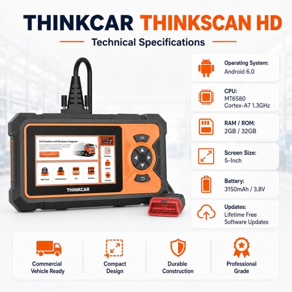 <p><strong>THINKCAR ThinkScan HD</strong> is a compact 5-inch heavy-duty diagnostic scanner designed for trucks, buses and commercial vehicles, with DTC functions, live data, DPF service support and dedicated HD adapters.</p><h3>Key Features</h3><ul><li>Professional heavy-duty and commercial-vehicle diagnostics</li><li>Read and clear DTCs, freeze-frame data and live data</li><li>DPF-related service functions on supported vehicles</li><li>Supports 31+ common commercial-vehicle brands</li><li>3 years of software updates with this product package</li></ul><h3>Quick Specifications</h3><table style="width:100%;border-collapse:collapse;margin:14px 0;"><tr><th style="text-align:left;padding:8px;border:1px solid #ddd;background:#f7f7f7;">Display</th><td style="padding:8px;border:1px solid #ddd;">5-inch touchscreen</td></tr><tr><th style="text-align:left;padding:8px;border:1px solid #ddd;background:#f7f7f7;">Operating System</th><td style="padding:8px;border:1px solid #ddd;">Android</td></tr><tr><th style="text-align:left;padding:8px;border:1px solid #ddd;background:#f7f7f7;">Memory</th><td style="padding:8px;border:1px solid #ddd;">2GB RAM / up to 64GB storage depending on regional version</td></tr><tr><th style="text-align:left;padding:8px;border:1px solid #ddd;background:#f7f7f7;">Battery</th><td style="padding:8px;border:1px solid #ddd;">3150mAh</td></tr><tr><th style="text-align:left;padding:8px;border:1px solid #ddd;background:#f7f7f7;">Vehicle Voltage</th><td style="padding:8px;border:1px solid #ddd;">Heavy-duty / commercial 24V applications</td></tr><tr><th style="text-align:left;padding:8px;border:1px solid #ddd;background:#f7f7f7;">Included HD Connections</th><td style="padding:8px;border:1px solid #ddd;">Type II OBD-9, OBD-6, CAT-9 and DB15 diagnostic cable</td></tr></table><p style="color:#c00000;"><strong>Heavy-duty coverage varies by manufacturer, vehicle system and model year.</strong></p><p style="color:#c00000;"><strong>Warranty: 2 years. Software updates: 3 years included with this scanner.</strong></p> <p><strong>THINKCAR ThinkScan HD</strong> is a compact 5-inch heavy-duty diagnostic scanner designed for trucks, buses and commercial vehicles, with DTC functions, live data, DPF service support and dedicated HD adapters.</p><h3>Key Features</h3><ul><li>Professional heavy-duty and commercial-vehicle diagnostics</li><li>Read and clear DTCs, freeze-frame data and live data</li><li>DPF-related service functions on supported vehicles</li><li>Supports 31+ common commercial-vehicle brands</li><li>3 years of software updates with this product package</li></ul><h3>Quick Specifications</h3><table style="width:100%;border-collapse:collapse;margin:14px 0;"><tr><th style="text-align:left;padding:8px;border:1px solid #ddd;background:#f7f7f7;">Display</th><td style="padding:8px;border:1px solid #ddd;">5-inch touchscreen</td></tr><tr><th style="text-align:left;padding:8px;border:1px solid #ddd;background:#f7f7f7;">Operating System</th><td style="padding:8px;border:1px solid #ddd;">Android</td></tr><tr><th style="text-align:left;padding:8px;border:1px solid #ddd;background:#f7f7f7;">Memory</th><td style="padding:8px;border:1px solid #ddd;">2GB RAM / up to 64GB storage depending on regional version</td></tr><tr><th style="text-align:left;padding:8px;border:1px solid #ddd;background:#f7f7f7;">Battery</th><td style="padding:8px;border:1px solid #ddd;">3150mAh</td></tr><tr><th style="text-align:left;padding:8px;border:1px solid #ddd;background:#f7f7f7;">Vehicle Voltage</th><td style="padding:8px;border:1px solid #ddd;">Heavy-duty / commercial 24V applications</td></tr><tr><th style="text-align:left;padding:8px;border:1px solid #ddd;background:#f7f7f7;">Included HD Connections</th><td style="padding:8px;border:1px solid #ddd;">Type II OBD-9, OBD-6, CAT-9 and DB15 diagnostic cable</td></tr></table><p style="color:#c00000;"><strong>Heavy-duty coverage varies by manufacturer, vehicle system and model year.</strong></p><p style="color:#c00000;"><strong>Warranty: 2 years. Software updates: 3 years included with this scanner.</strong></p>