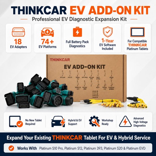 <p><strong>THINKCAR EV Diagnostic Kit</strong> is an add-on package for compatible THINKTOOL platforms, giving EV workshops the connectors, jumper leads and software support needed for electric-vehicle and high-voltage battery diagnosis.</p><h3>Key Features</h3><ul><li>Multi-brand EV battery and diagnostic connector set</li><li>Includes Tesla-compatible connection support within the EV accessory package</li><li>Jumper leads for supported high-voltage battery diagnostic workflows</li><li>Designed for EV battery pack and electric-system diagnosis with compatible THINKCAR scanners</li><li>Includes 2-year EV software support as supplied with this listing</li></ul><h3>Quick Specifications</h3><table style="width:100%;border-collapse:collapse;margin:14px 0;"><tr><th style="text-align:left;padding:8px;border:1px solid #ddd;background:#f7f7f7;">Product Type</th><td style="padding:8px;border:1px solid #ddd;">EV diagnostic add-on / connector kit</td></tr><tr><th style="text-align:left;padding:8px;border:1px solid #ddd;background:#f7f7f7;">Application</th><td style="padding:8px;border:1px solid #ddd;">Electric and hybrid vehicle diagnosis</td></tr><tr><th style="text-align:left;padding:8px;border:1px solid #ddd;background:#f7f7f7;">Contents</th><td style="padding:8px;border:1px solid #ddd;">EV connectors, jumper leads and related connection accessories</td></tr><tr><th style="text-align:left;padding:8px;border:1px solid #ddd;background:#f7f7f7;">Software</th><td style="padding:8px;border:1px solid #ddd;">2-year EV software support</td></tr><tr><th style="text-align:left;padding:8px;border:1px solid #ddd;background:#f7f7f7;">Required Equipment</th><td style="padding:8px;border:1px solid #ddd;">Compatible THINKCAR / THINKTOOL diagnostic platform</td></tr><tr><th style="text-align:left;padding:8px;border:1px solid #ddd;background:#f7f7f7;">Best For</th><td style="padding:8px;border:1px solid #ddd;">EV workshops, hybrid service centers and diagnostic specialists</td></tr></table><p style="color:#c00000;"><strong>This is an add-on kit; a compatible THINKCAR diagnostic scanner is required.</strong></p> <p><strong>THINKCAR EV Diagnostic Kit</strong> is an add-on package for compatible THINKTOOL platforms, giving EV workshops the connectors, jumper leads and software support needed for electric-vehicle and high-voltage battery diagnosis.</p><h3>Key Features</h3><ul><li>Multi-brand EV battery and diagnostic connector set</li><li>Includes Tesla-compatible connection support within the EV accessory package</li><li>Jumper leads for supported high-voltage battery diagnostic workflows</li><li>Designed for EV battery pack and electric-system diagnosis with compatible THINKCAR scanners</li><li>Includes 2-year EV software support as supplied with this listing</li></ul><h3>Quick Specifications</h3><table style="width:100%;border-collapse:collapse;margin:14px 0;"><tr><th style="text-align:left;padding:8px;border:1px solid #ddd;background:#f7f7f7;">Product Type</th><td style="padding:8px;border:1px solid #ddd;">EV diagnostic add-on / connector kit</td></tr><tr><th style="text-align:left;padding:8px;border:1px solid #ddd;background:#f7f7f7;">Application</th><td style="padding:8px;border:1px solid #ddd;">Electric and hybrid vehicle diagnosis</td></tr><tr><th style="text-align:left;padding:8px;border:1px solid #ddd;background:#f7f7f7;">Contents</th><td style="padding:8px;border:1px solid #ddd;">EV connectors, jumper leads and related connection accessories</td></tr><tr><th style="text-align:left;padding:8px;border:1px solid #ddd;background:#f7f7f7;">Software</th><td style="padding:8px;border:1px solid #ddd;">2-year EV software support</td></tr><tr><th style="text-align:left;padding:8px;border:1px solid #ddd;background:#f7f7f7;">Required Equipment</th><td style="padding:8px;border:1px solid #ddd;">Compatible THINKCAR / THINKTOOL diagnostic platform</td></tr><tr><th style="text-align:left;padding:8px;border:1px solid #ddd;background:#f7f7f7;">Best For</th><td style="padding:8px;border:1px solid #ddd;">EV workshops, hybrid service centers and diagnostic specialists</td></tr></table><p style="color:#c00000;"><strong>This is an add-on kit; a compatible THINKCAR diagnostic scanner is required.</strong></p>