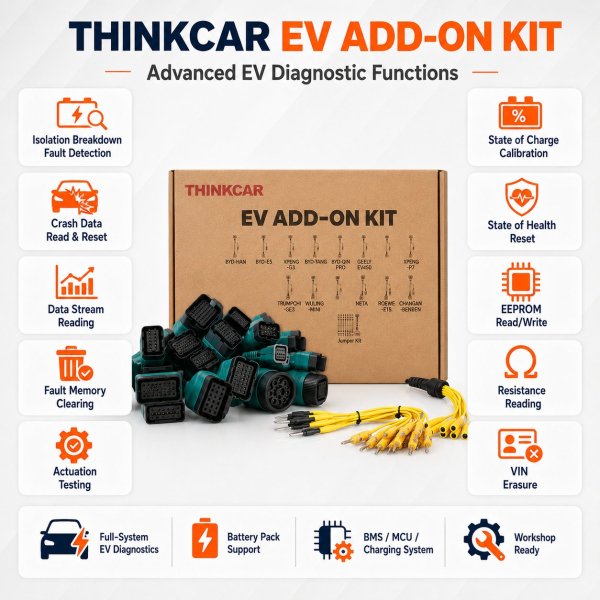 <p><strong>THINKCAR EV Diagnostic Kit</strong> is an add-on package for compatible THINKTOOL platforms, giving EV workshops the connectors, jumper leads and software support needed for electric-vehicle and high-voltage battery diagnosis.</p><h3>Key Features</h3><ul><li>Multi-brand EV battery and diagnostic connector set</li><li>Includes Tesla-compatible connection support within the EV accessory package</li><li>Jumper leads for supported high-voltage battery diagnostic workflows</li><li>Designed for EV battery pack and electric-system diagnosis with compatible THINKCAR scanners</li><li>Includes 2-year EV software support as supplied with this listing</li></ul><h3>Quick Specifications</h3><table style="width:100%;border-collapse:collapse;margin:14px 0;"><tr><th style="text-align:left;padding:8px;border:1px solid #ddd;background:#f7f7f7;">Product Type</th><td style="padding:8px;border:1px solid #ddd;">EV diagnostic add-on / connector kit</td></tr><tr><th style="text-align:left;padding:8px;border:1px solid #ddd;background:#f7f7f7;">Application</th><td style="padding:8px;border:1px solid #ddd;">Electric and hybrid vehicle diagnosis</td></tr><tr><th style="text-align:left;padding:8px;border:1px solid #ddd;background:#f7f7f7;">Contents</th><td style="padding:8px;border:1px solid #ddd;">EV connectors, jumper leads and related connection accessories</td></tr><tr><th style="text-align:left;padding:8px;border:1px solid #ddd;background:#f7f7f7;">Software</th><td style="padding:8px;border:1px solid #ddd;">2-year EV software support</td></tr><tr><th style="text-align:left;padding:8px;border:1px solid #ddd;background:#f7f7f7;">Required Equipment</th><td style="padding:8px;border:1px solid #ddd;">Compatible THINKCAR / THINKTOOL diagnostic platform</td></tr><tr><th style="text-align:left;padding:8px;border:1px solid #ddd;background:#f7f7f7;">Best For</th><td style="padding:8px;border:1px solid #ddd;">EV workshops, hybrid service centers and diagnostic specialists</td></tr></table><p style="color:#c00000;"><strong>This is an add-on kit; a compatible THINKCAR diagnostic scanner is required.</strong></p> <p><strong>THINKCAR EV Diagnostic Kit</strong> is an add-on package for compatible THINKTOOL platforms, giving EV workshops the connectors, jumper leads and software support needed for electric-vehicle and high-voltage battery diagnosis.</p><h3>Key Features</h3><ul><li>Multi-brand EV battery and diagnostic connector set</li><li>Includes Tesla-compatible connection support within the EV accessory package</li><li>Jumper leads for supported high-voltage battery diagnostic workflows</li><li>Designed for EV battery pack and electric-system diagnosis with compatible THINKCAR scanners</li><li>Includes 2-year EV software support as supplied with this listing</li></ul><h3>Quick Specifications</h3><table style="width:100%;border-collapse:collapse;margin:14px 0;"><tr><th style="text-align:left;padding:8px;border:1px solid #ddd;background:#f7f7f7;">Product Type</th><td style="padding:8px;border:1px solid #ddd;">EV diagnostic add-on / connector kit</td></tr><tr><th style="text-align:left;padding:8px;border:1px solid #ddd;background:#f7f7f7;">Application</th><td style="padding:8px;border:1px solid #ddd;">Electric and hybrid vehicle diagnosis</td></tr><tr><th style="text-align:left;padding:8px;border:1px solid #ddd;background:#f7f7f7;">Contents</th><td style="padding:8px;border:1px solid #ddd;">EV connectors, jumper leads and related connection accessories</td></tr><tr><th style="text-align:left;padding:8px;border:1px solid #ddd;background:#f7f7f7;">Software</th><td style="padding:8px;border:1px solid #ddd;">2-year EV software support</td></tr><tr><th style="text-align:left;padding:8px;border:1px solid #ddd;background:#f7f7f7;">Required Equipment</th><td style="padding:8px;border:1px solid #ddd;">Compatible THINKCAR / THINKTOOL diagnostic platform</td></tr><tr><th style="text-align:left;padding:8px;border:1px solid #ddd;background:#f7f7f7;">Best For</th><td style="padding:8px;border:1px solid #ddd;">EV workshops, hybrid service centers and diagnostic specialists</td></tr></table><p style="color:#c00000;"><strong>This is an add-on kit; a compatible THINKCAR diagnostic scanner is required.</strong></p>