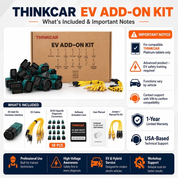 <p><strong>THINKCAR EV Diagnostic Kit</strong> is an add-on package for compatible THINKTOOL platforms, giving EV workshops the connectors, jumper leads and software support needed for electric-vehicle and high-voltage battery diagnosis.</p><h3>Key Features</h3><ul><li>Multi-brand EV battery and diagnostic connector set</li><li>Includes Tesla-compatible connection support within the EV accessory package</li><li>Jumper leads for supported high-voltage battery diagnostic workflows</li><li>Designed for EV battery pack and electric-system diagnosis with compatible THINKCAR scanners</li><li>Includes 2-year EV software support as supplied with this listing</li></ul><h3>Quick Specifications</h3><table style="width:100%;border-collapse:collapse;margin:14px 0;"><tr><th style="text-align:left;padding:8px;border:1px solid #ddd;background:#f7f7f7;">Product Type</th><td style="padding:8px;border:1px solid #ddd;">EV diagnostic add-on / connector kit</td></tr><tr><th style="text-align:left;padding:8px;border:1px solid #ddd;background:#f7f7f7;">Application</th><td style="padding:8px;border:1px solid #ddd;">Electric and hybrid vehicle diagnosis</td></tr><tr><th style="text-align:left;padding:8px;border:1px solid #ddd;background:#f7f7f7;">Contents</th><td style="padding:8px;border:1px solid #ddd;">EV connectors, jumper leads and related connection accessories</td></tr><tr><th style="text-align:left;padding:8px;border:1px solid #ddd;background:#f7f7f7;">Software</th><td style="padding:8px;border:1px solid #ddd;">2-year EV software support</td></tr><tr><th style="text-align:left;padding:8px;border:1px solid #ddd;background:#f7f7f7;">Required Equipment</th><td style="padding:8px;border:1px solid #ddd;">Compatible THINKCAR / THINKTOOL diagnostic platform</td></tr><tr><th style="text-align:left;padding:8px;border:1px solid #ddd;background:#f7f7f7;">Best For</th><td style="padding:8px;border:1px solid #ddd;">EV workshops, hybrid service centers and diagnostic specialists</td></tr></table><p style="color:#c00000;"><strong>This is an add-on kit; a compatible THINKCAR diagnostic scanner is required.</strong></p> <p><strong>THINKCAR EV Diagnostic Kit</strong> is an add-on package for compatible THINKTOOL platforms, giving EV workshops the connectors, jumper leads and software support needed for electric-vehicle and high-voltage battery diagnosis.</p><h3>Key Features</h3><ul><li>Multi-brand EV battery and diagnostic connector set</li><li>Includes Tesla-compatible connection support within the EV accessory package</li><li>Jumper leads for supported high-voltage battery diagnostic workflows</li><li>Designed for EV battery pack and electric-system diagnosis with compatible THINKCAR scanners</li><li>Includes 2-year EV software support as supplied with this listing</li></ul><h3>Quick Specifications</h3><table style="width:100%;border-collapse:collapse;margin:14px 0;"><tr><th style="text-align:left;padding:8px;border:1px solid #ddd;background:#f7f7f7;">Product Type</th><td style="padding:8px;border:1px solid #ddd;">EV diagnostic add-on / connector kit</td></tr><tr><th style="text-align:left;padding:8px;border:1px solid #ddd;background:#f7f7f7;">Application</th><td style="padding:8px;border:1px solid #ddd;">Electric and hybrid vehicle diagnosis</td></tr><tr><th style="text-align:left;padding:8px;border:1px solid #ddd;background:#f7f7f7;">Contents</th><td style="padding:8px;border:1px solid #ddd;">EV connectors, jumper leads and related connection accessories</td></tr><tr><th style="text-align:left;padding:8px;border:1px solid #ddd;background:#f7f7f7;">Software</th><td style="padding:8px;border:1px solid #ddd;">2-year EV software support</td></tr><tr><th style="text-align:left;padding:8px;border:1px solid #ddd;background:#f7f7f7;">Required Equipment</th><td style="padding:8px;border:1px solid #ddd;">Compatible THINKCAR / THINKTOOL diagnostic platform</td></tr><tr><th style="text-align:left;padding:8px;border:1px solid #ddd;background:#f7f7f7;">Best For</th><td style="padding:8px;border:1px solid #ddd;">EV workshops, hybrid service centers and diagnostic specialists</td></tr></table><p style="color:#c00000;"><strong>This is an add-on kit; a compatible THINKCAR diagnostic scanner is required.</strong></p>