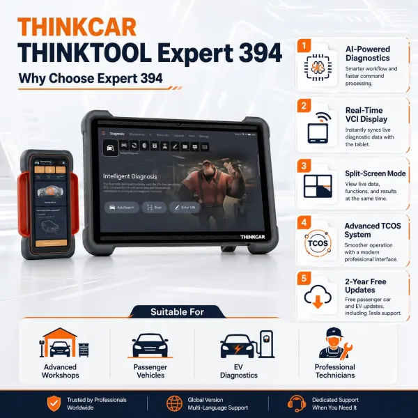 <p><strong>THINKTOOL Expert 394</strong> is a 12-inch AI-assisted professional diagnostic platform with split-screen workflow, THINKLINK PRO and OE-level diagnostic capability.</p><h3>Key Features</h3><ul><li>12-inch HD IPS touchscreen with AI-assisted TCOS workflow</li><li>8GB RAM and 256GB storage</li><li>OE-level diagnostics, coding, programming and bi-directional controls</li><li>48 integrated maintenance functions</li><li>THINKLINK PRO with CAN 2.0, CAN FD, DoIP and J2534</li></ul><h3>Quick Specifications</h3><table style="width:100%;border-collapse:collapse;margin:14px 0;"><tr><th style="text-align:left;padding:8px;border:1px solid #ddd;background:#f7f7f7;">Display</th><td style="padding:8px;border:1px solid #ddd;">12″ HD IPS touchscreen</td></tr><tr><th style="text-align:left;padding:8px;border:1px solid #ddd;background:#f7f7f7;">Platform</th><td style="padding:8px;border:1px solid #ddd;">TCOS</td></tr><tr><th style="text-align:left;padding:8px;border:1px solid #ddd;background:#f7f7f7;">Memory</th><td style="padding:8px;border:1px solid #ddd;">8GB RAM / 256GB storage</td></tr><tr><th style="text-align:left;padding:8px;border:1px solid #ddd;background:#f7f7f7;">Battery</th><td style="padding:8px;border:1px solid #ddd;">12,600mAh</td></tr><tr><th style="text-align:left;padding:8px;border:1px solid #ddd;background:#f7f7f7;">VCI</th><td style="padding:8px;border:1px solid #ddd;">THINKLINK PRO</td></tr><tr><th style="text-align:left;padding:8px;border:1px solid #ddd;background:#f7f7f7;">Protocols</th><td style="padding:8px;border:1px solid #ddd;">CAN 2.0, CAN FD, DoIP, J2534</td></tr></table><p style="color:#c00000;"><strong>Software package on this listing includes 3-year passenger software and 3-year EV software coverage as stated in the original product package.</strong></p><p style="color:#c00000;"><strong>Warranty: 2 years. Software updates: 3 years included with this scanner.</strong></p> <p><strong>THINKTOOL Expert 394</strong> is a 12-inch AI-assisted professional diagnostic platform with split-screen workflow, THINKLINK PRO and OE-level diagnostic capability.</p><h3>Key Features</h3><ul><li>12-inch HD IPS touchscreen with AI-assisted TCOS workflow</li><li>8GB RAM and 256GB storage</li><li>OE-level diagnostics, coding, programming and bi-directional controls</li><li>48 integrated maintenance functions</li><li>THINKLINK PRO with CAN 2.0, CAN FD, DoIP and J2534</li></ul><h3>Quick Specifications</h3><table style="width:100%;border-collapse:collapse;margin:14px 0;"><tr><th style="text-align:left;padding:8px;border:1px solid #ddd;background:#f7f7f7;">Display</th><td style="padding:8px;border:1px solid #ddd;">12″ HD IPS touchscreen</td></tr><tr><th style="text-align:left;padding:8px;border:1px solid #ddd;background:#f7f7f7;">Platform</th><td style="padding:8px;border:1px solid #ddd;">TCOS</td></tr><tr><th style="text-align:left;padding:8px;border:1px solid #ddd;background:#f7f7f7;">Memory</th><td style="padding:8px;border:1px solid #ddd;">8GB RAM / 256GB storage</td></tr><tr><th style="text-align:left;padding:8px;border:1px solid #ddd;background:#f7f7f7;">Battery</th><td style="padding:8px;border:1px solid #ddd;">12,600mAh</td></tr><tr><th style="text-align:left;padding:8px;border:1px solid #ddd;background:#f7f7f7;">VCI</th><td style="padding:8px;border:1px solid #ddd;">THINKLINK PRO</td></tr><tr><th style="text-align:left;padding:8px;border:1px solid #ddd;background:#f7f7f7;">Protocols</th><td style="padding:8px;border:1px solid #ddd;">CAN 2.0, CAN FD, DoIP, J2534</td></tr></table><p style="color:#c00000;"><strong>Software package on this listing includes 3-year passenger software and 3-year EV software coverage as stated in the original product package.</strong></p><p style="color:#c00000;"><strong>Warranty: 2 years. Software updates: 3 years included with this scanner.</strong></p>