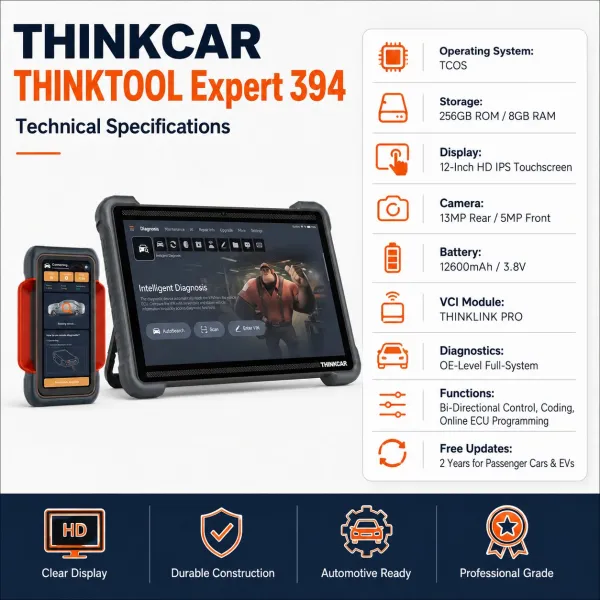 <p><strong>THINKTOOL Expert 394</strong> is a 12-inch AI-assisted professional diagnostic platform with split-screen workflow, THINKLINK PRO and OE-level diagnostic capability.</p><h3>Key Features</h3><ul><li>12-inch HD IPS touchscreen with AI-assisted TCOS workflow</li><li>8GB RAM and 256GB storage</li><li>OE-level diagnostics, coding, programming and bi-directional controls</li><li>48 integrated maintenance functions</li><li>THINKLINK PRO with CAN 2.0, CAN FD, DoIP and J2534</li></ul><h3>Quick Specifications</h3><table style="width:100%;border-collapse:collapse;margin:14px 0;"><tr><th style="text-align:left;padding:8px;border:1px solid #ddd;background:#f7f7f7;">Display</th><td style="padding:8px;border:1px solid #ddd;">12″ HD IPS touchscreen</td></tr><tr><th style="text-align:left;padding:8px;border:1px solid #ddd;background:#f7f7f7;">Platform</th><td style="padding:8px;border:1px solid #ddd;">TCOS</td></tr><tr><th style="text-align:left;padding:8px;border:1px solid #ddd;background:#f7f7f7;">Memory</th><td style="padding:8px;border:1px solid #ddd;">8GB RAM / 256GB storage</td></tr><tr><th style="text-align:left;padding:8px;border:1px solid #ddd;background:#f7f7f7;">Battery</th><td style="padding:8px;border:1px solid #ddd;">12,600mAh</td></tr><tr><th style="text-align:left;padding:8px;border:1px solid #ddd;background:#f7f7f7;">VCI</th><td style="padding:8px;border:1px solid #ddd;">THINKLINK PRO</td></tr><tr><th style="text-align:left;padding:8px;border:1px solid #ddd;background:#f7f7f7;">Protocols</th><td style="padding:8px;border:1px solid #ddd;">CAN 2.0, CAN FD, DoIP, J2534</td></tr></table><p style="color:#c00000;"><strong>Software package on this listing includes 3-year passenger software and 3-year EV software coverage as stated in the original product package.</strong></p><p style="color:#c00000;"><strong>Warranty: 2 years. Software updates: 3 years included with this scanner.</strong></p> <p><strong>THINKTOOL Expert 394</strong> is a 12-inch AI-assisted professional diagnostic platform with split-screen workflow, THINKLINK PRO and OE-level diagnostic capability.</p><h3>Key Features</h3><ul><li>12-inch HD IPS touchscreen with AI-assisted TCOS workflow</li><li>8GB RAM and 256GB storage</li><li>OE-level diagnostics, coding, programming and bi-directional controls</li><li>48 integrated maintenance functions</li><li>THINKLINK PRO with CAN 2.0, CAN FD, DoIP and J2534</li></ul><h3>Quick Specifications</h3><table style="width:100%;border-collapse:collapse;margin:14px 0;"><tr><th style="text-align:left;padding:8px;border:1px solid #ddd;background:#f7f7f7;">Display</th><td style="padding:8px;border:1px solid #ddd;">12″ HD IPS touchscreen</td></tr><tr><th style="text-align:left;padding:8px;border:1px solid #ddd;background:#f7f7f7;">Platform</th><td style="padding:8px;border:1px solid #ddd;">TCOS</td></tr><tr><th style="text-align:left;padding:8px;border:1px solid #ddd;background:#f7f7f7;">Memory</th><td style="padding:8px;border:1px solid #ddd;">8GB RAM / 256GB storage</td></tr><tr><th style="text-align:left;padding:8px;border:1px solid #ddd;background:#f7f7f7;">Battery</th><td style="padding:8px;border:1px solid #ddd;">12,600mAh</td></tr><tr><th style="text-align:left;padding:8px;border:1px solid #ddd;background:#f7f7f7;">VCI</th><td style="padding:8px;border:1px solid #ddd;">THINKLINK PRO</td></tr><tr><th style="text-align:left;padding:8px;border:1px solid #ddd;background:#f7f7f7;">Protocols</th><td style="padding:8px;border:1px solid #ddd;">CAN 2.0, CAN FD, DoIP, J2534</td></tr></table><p style="color:#c00000;"><strong>Software package on this listing includes 3-year passenger software and 3-year EV software coverage as stated in the original product package.</strong></p><p style="color:#c00000;"><strong>Warranty: 2 years. Software updates: 3 years included with this scanner.</strong></p>