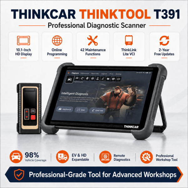 <strong>THINKCAR T391</strong> is a 10.1-inch professional TCOS diagnostic platform with intelligent VIN diagnosis, topology mapping, advanced service functions and a screen-equipped VCI. <h3>Key Features</h3> <ul> <li>10.1-inch 1280×800 diagnostic tablet</li> <li>TCOS with 4GB RAM and 128GB storage</li> <li>Intelligent VIN diagnosis and system topology map</li> <li>41 common maintenance and service functions</li> <li>Professional VCI with Ethernet and stable programming communication</li> </ul> <h3>Quick Specifications</h3> <table style="width: 100%; border-collapse: collapse; margin: 14px 0;"> <tbody> <tr> <th style="text-align: left; padding: 8px; border: 1px solid #ddd; background: #f7f7f7;">Display</th> <td style="padding: 8px; border: 1px solid #ddd;">10.1″, 1280×800</td> </tr> <tr> <th style="text-align: left; padding: 8px; border: 1px solid #ddd; background: #f7f7f7;">System</th> <td style="padding: 8px; border: 1px solid #ddd;">TCOS</td> </tr> <tr> <th style="text-align: left; padding: 8px; border: 1px solid #ddd; background: #f7f7f7;">Memory</th> <td style="padding: 8px; border: 1px solid #ddd;">4GB RAM / 128GB storage</td> </tr> <tr> <th style="text-align: left; padding: 8px; border: 1px solid #ddd; background: #f7f7f7;">Battery</th> <td style="padding: 8px; border: 1px solid #ddd;">12,600mAh / 3.8V</td> </tr> <tr> <th style="text-align: left; padding: 8px; border: 1px solid #ddd; background: #f7f7f7;">Camera</th> <td style="padding: 8px; border: 1px solid #ddd;">13MP rear camera</td> </tr> <tr> <th style="text-align: left; padding: 8px; border: 1px solid #ddd; background: #f7f7f7;">VCI</th> <td style="padding: 8px; border: 1px solid #ddd;">2.8″ screen VCI with Ethernet and USB-B data connection</td> </tr> </tbody> </table> <p style="color: #c00000;"><strong>Warranty: 2 years. Software updates: 3 years included with this scanner.</strong></p> <strong>THINKCAR T391</strong> is a 10.1-inch professional TCOS diagnostic platform with intelligent VIN diagnosis, topology mapping, advanced service functions and a screen-equipped VCI. <h3>Key Features</h3> <ul> <li>10.1-inch 1280×800 diagnostic tablet</li> <li>TCOS with 4GB RAM and 128GB storage</li> <li>Intelligent VIN diagnosis and system topology map</li> <li>41 common maintenance and service functions</li> <li>Professional VCI with Ethernet and stable programming communication</li> </ul> <h3>Quick Specifications</h3> <table style="width: 100%; border-collapse: collapse; margin: 14px 0;"> <tbody> <tr> <th style="text-align: left; padding: 8px; border: 1px solid #ddd; background: #f7f7f7;">Display</th> <td style="padding: 8px; border: 1px solid #ddd;">10.1″, 1280×800</td> </tr> <tr> <th style="text-align: left; padding: 8px; border: 1px solid #ddd; background: #f7f7f7;">System</th> <td style="padding: 8px; border: 1px solid #ddd;">TCOS</td> </tr> <tr> <th style="text-align: left; padding: 8px; border: 1px solid #ddd; background: #f7f7f7;">Memory</th> <td style="padding: 8px; border: 1px solid #ddd;">4GB RAM / 128GB storage</td> </tr> <tr> <th style="text-align: left; padding: 8px; border: 1px solid #ddd; background: #f7f7f7;">Battery</th> <td style="padding: 8px; border: 1px solid #ddd;">12,600mAh / 3.8V</td> </tr> <tr> <th style="text-align: left; padding: 8px; border: 1px solid #ddd; background: #f7f7f7;">Camera</th> <td style="padding: 8px; border: 1px solid #ddd;">13MP rear camera</td> </tr> <tr> <th style="text-align: left; padding: 8px; border: 1px solid #ddd; background: #f7f7f7;">VCI</th> <td style="padding: 8px; border: 1px solid #ddd;">2.8″ screen VCI with Ethernet and USB-B data connection</td> </tr> </tbody> </table> <p style="color: #c00000;"><strong>Warranty: 2 years. Software updates: 3 years included with this scanner.</strong></p>