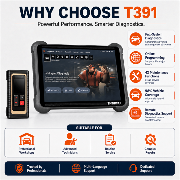 <strong>THINKCAR T391</strong> is a 10.1-inch professional TCOS diagnostic platform with intelligent VIN diagnosis, topology mapping, advanced service functions and a screen-equipped VCI. <h3>Key Features</h3> <ul> <li>10.1-inch 1280×800 diagnostic tablet</li> <li>TCOS with 4GB RAM and 128GB storage</li> <li>Intelligent VIN diagnosis and system topology map</li> <li>41 common maintenance and service functions</li> <li>Professional VCI with Ethernet and stable programming communication</li> </ul> <h3>Quick Specifications</h3> <table style="width: 100%; border-collapse: collapse; margin: 14px 0;"> <tbody> <tr> <th style="text-align: left; padding: 8px; border: 1px solid #ddd; background: #f7f7f7;">Display</th> <td style="padding: 8px; border: 1px solid #ddd;">10.1″, 1280×800</td> </tr> <tr> <th style="text-align: left; padding: 8px; border: 1px solid #ddd; background: #f7f7f7;">System</th> <td style="padding: 8px; border: 1px solid #ddd;">TCOS</td> </tr> <tr> <th style="text-align: left; padding: 8px; border: 1px solid #ddd; background: #f7f7f7;">Memory</th> <td style="padding: 8px; border: 1px solid #ddd;">4GB RAM / 128GB storage</td> </tr> <tr> <th style="text-align: left; padding: 8px; border: 1px solid #ddd; background: #f7f7f7;">Battery</th> <td style="padding: 8px; border: 1px solid #ddd;">12,600mAh / 3.8V</td> </tr> <tr> <th style="text-align: left; padding: 8px; border: 1px solid #ddd; background: #f7f7f7;">Camera</th> <td style="padding: 8px; border: 1px solid #ddd;">13MP rear camera</td> </tr> <tr> <th style="text-align: left; padding: 8px; border: 1px solid #ddd; background: #f7f7f7;">VCI</th> <td style="padding: 8px; border: 1px solid #ddd;">2.8″ screen VCI with Ethernet and USB-B data connection</td> </tr> </tbody> </table> <p style="color: #c00000;"><strong>Warranty: 2 years. Software updates: 3 years included with this scanner.</strong></p> <strong>THINKCAR T391</strong> is a 10.1-inch professional TCOS diagnostic platform with intelligent VIN diagnosis, topology mapping, advanced service functions and a screen-equipped VCI. <h3>Key Features</h3> <ul> <li>10.1-inch 1280×800 diagnostic tablet</li> <li>TCOS with 4GB RAM and 128GB storage</li> <li>Intelligent VIN diagnosis and system topology map</li> <li>41 common maintenance and service functions</li> <li>Professional VCI with Ethernet and stable programming communication</li> </ul> <h3>Quick Specifications</h3> <table style="width: 100%; border-collapse: collapse; margin: 14px 0;"> <tbody> <tr> <th style="text-align: left; padding: 8px; border: 1px solid #ddd; background: #f7f7f7;">Display</th> <td style="padding: 8px; border: 1px solid #ddd;">10.1″, 1280×800</td> </tr> <tr> <th style="text-align: left; padding: 8px; border: 1px solid #ddd; background: #f7f7f7;">System</th> <td style="padding: 8px; border: 1px solid #ddd;">TCOS</td> </tr> <tr> <th style="text-align: left; padding: 8px; border: 1px solid #ddd; background: #f7f7f7;">Memory</th> <td style="padding: 8px; border: 1px solid #ddd;">4GB RAM / 128GB storage</td> </tr> <tr> <th style="text-align: left; padding: 8px; border: 1px solid #ddd; background: #f7f7f7;">Battery</th> <td style="padding: 8px; border: 1px solid #ddd;">12,600mAh / 3.8V</td> </tr> <tr> <th style="text-align: left; padding: 8px; border: 1px solid #ddd; background: #f7f7f7;">Camera</th> <td style="padding: 8px; border: 1px solid #ddd;">13MP rear camera</td> </tr> <tr> <th style="text-align: left; padding: 8px; border: 1px solid #ddd; background: #f7f7f7;">VCI</th> <td style="padding: 8px; border: 1px solid #ddd;">2.8″ screen VCI with Ethernet and USB-B data connection</td> </tr> </tbody> </table> <p style="color: #c00000;"><strong>Warranty: 2 years. Software updates: 3 years included with this scanner.</strong></p>