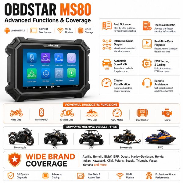 <h4>OBDSTAR MS80 Motorcycle Diagnostic Scanner – Professional 8-Inch Powersport Scan Tool for Motorbike, ATV, UTV, PWC and Snowmobile with Full-System Diagnosis, Wi-Fi Updates, Live Data and Active Test Support</h4><h3>OBDSTAR MS80 – Technical Specifications</h3><table><thead><tr><th><strong>Category</strong></th><th><strong>Specification</strong></th></tr></thead><tbody><tr><td><strong>Model</strong></td><td>OBDSTAR MS80</td></tr><tr><td><strong>Tool Type</strong></td><td>Motorcycle and Powersport Diagnostic Scanner</td></tr><tr><td><strong>Vehicle Support</strong></td><td>Motorbike, ATV, UTV, PWC, Snowmobile and Supported Two-Wheeler Vehicles</td></tr><tr><td><strong>Display</strong></td><td>8-Inch Touchscreen</td></tr><tr><td><strong>System</strong></td><td>Android System</td></tr><tr><td><strong>Update</strong></td><td>Wi-Fi Update Support</td></tr><tr><td><strong>Diagnostics</strong></td><td>Full-System Diagnosis on Supported Vehicles</td></tr><tr><td><strong>Fault Codes</strong></td><td>Read and Clear Diagnostic Trouble Codes</td></tr><tr><td><strong>Live Data</strong></td><td>Supported</td></tr><tr><td><strong>Active Test</strong></td><td>Supported on Compatible Systems</td></tr><tr><td><strong>Service Functions</strong></td><td>Supported Functions Depend on Vehicle Coverage</td></tr><tr><td><strong>Best For</strong></td><td>Motorcycle Workshops, Powersport Technicians, Mobile Mechanics and Service Centers</td></tr></tbody></table><h3><strong>Professional Motorcycle and Powersport Diagnostic Tool / Coverage Depends on Vehicle Compatibility</strong></h3><h3>Available from AMT Automax Tools UAE.</h3> <h4>OBDSTAR MS80 Motorcycle Diagnostic Scanner – Professional 8-Inch Powersport Scan Tool for Motorbike, ATV, UTV, PWC and Snowmobile with Full-System Diagnosis, Wi-Fi Updates, Live Data and Active Test Support</h4><h3>OBDSTAR MS80 – Technical Specifications</h3><table><thead><tr><th><strong>Category</strong></th><th><strong>Specification</strong></th></tr></thead><tbody><tr><td><strong>Model</strong></td><td>OBDSTAR MS80</td></tr><tr><td><strong>Tool Type</strong></td><td>Motorcycle and Powersport Diagnostic Scanner</td></tr><tr><td><strong>Vehicle Support</strong></td><td>Motorbike, ATV, UTV, PWC, Snowmobile and Supported Two-Wheeler Vehicles</td></tr><tr><td><strong>Display</strong></td><td>8-Inch Touchscreen</td></tr><tr><td><strong>System</strong></td><td>Android System</td></tr><tr><td><strong>Update</strong></td><td>Wi-Fi Update Support</td></tr><tr><td><strong>Diagnostics</strong></td><td>Full-System Diagnosis on Supported Vehicles</td></tr><tr><td><strong>Fault Codes</strong></td><td>Read and Clear Diagnostic Trouble Codes</td></tr><tr><td><strong>Live Data</strong></td><td>Supported</td></tr><tr><td><strong>Active Test</strong></td><td>Supported on Compatible Systems</td></tr><tr><td><strong>Service Functions</strong></td><td>Supported Functions Depend on Vehicle Coverage</td></tr><tr><td><strong>Best For</strong></td><td>Motorcycle Workshops, Powersport Technicians, Mobile Mechanics and Service Centers</td></tr></tbody></table><h3><strong>Professional Motorcycle and Powersport Diagnostic Tool / Coverage Depends on Vehicle Compatibility</strong></h3><h3>Available from AMT Automax Tools UAE.</h3>