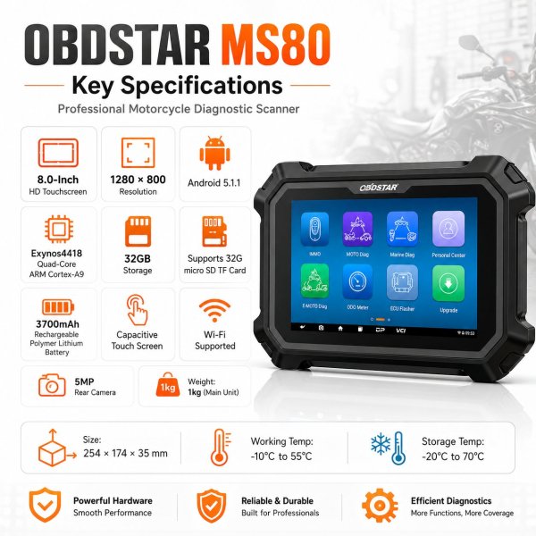 <h4>OBDSTAR MS80 Motorcycle Diagnostic Scanner – Professional 8-Inch Powersport Scan Tool for Motorbike, ATV, UTV, PWC and Snowmobile with Full-System Diagnosis, Wi-Fi Updates, Live Data and Active Test Support</h4><h3>OBDSTAR MS80 – Technical Specifications</h3><table><thead><tr><th><strong>Category</strong></th><th><strong>Specification</strong></th></tr></thead><tbody><tr><td><strong>Model</strong></td><td>OBDSTAR MS80</td></tr><tr><td><strong>Tool Type</strong></td><td>Motorcycle and Powersport Diagnostic Scanner</td></tr><tr><td><strong>Vehicle Support</strong></td><td>Motorbike, ATV, UTV, PWC, Snowmobile and Supported Two-Wheeler Vehicles</td></tr><tr><td><strong>Display</strong></td><td>8-Inch Touchscreen</td></tr><tr><td><strong>System</strong></td><td>Android System</td></tr><tr><td><strong>Update</strong></td><td>Wi-Fi Update Support</td></tr><tr><td><strong>Diagnostics</strong></td><td>Full-System Diagnosis on Supported Vehicles</td></tr><tr><td><strong>Fault Codes</strong></td><td>Read and Clear Diagnostic Trouble Codes</td></tr><tr><td><strong>Live Data</strong></td><td>Supported</td></tr><tr><td><strong>Active Test</strong></td><td>Supported on Compatible Systems</td></tr><tr><td><strong>Service Functions</strong></td><td>Supported Functions Depend on Vehicle Coverage</td></tr><tr><td><strong>Best For</strong></td><td>Motorcycle Workshops, Powersport Technicians, Mobile Mechanics and Service Centers</td></tr></tbody></table><h3><strong>Professional Motorcycle and Powersport Diagnostic Tool / Coverage Depends on Vehicle Compatibility</strong></h3><h3>Available from AMT Automax Tools UAE.</h3> <h4>OBDSTAR MS80 Motorcycle Diagnostic Scanner – Professional 8-Inch Powersport Scan Tool for Motorbike, ATV, UTV, PWC and Snowmobile with Full-System Diagnosis, Wi-Fi Updates, Live Data and Active Test Support</h4><h3>OBDSTAR MS80 – Technical Specifications</h3><table><thead><tr><th><strong>Category</strong></th><th><strong>Specification</strong></th></tr></thead><tbody><tr><td><strong>Model</strong></td><td>OBDSTAR MS80</td></tr><tr><td><strong>Tool Type</strong></td><td>Motorcycle and Powersport Diagnostic Scanner</td></tr><tr><td><strong>Vehicle Support</strong></td><td>Motorbike, ATV, UTV, PWC, Snowmobile and Supported Two-Wheeler Vehicles</td></tr><tr><td><strong>Display</strong></td><td>8-Inch Touchscreen</td></tr><tr><td><strong>System</strong></td><td>Android System</td></tr><tr><td><strong>Update</strong></td><td>Wi-Fi Update Support</td></tr><tr><td><strong>Diagnostics</strong></td><td>Full-System Diagnosis on Supported Vehicles</td></tr><tr><td><strong>Fault Codes</strong></td><td>Read and Clear Diagnostic Trouble Codes</td></tr><tr><td><strong>Live Data</strong></td><td>Supported</td></tr><tr><td><strong>Active Test</strong></td><td>Supported on Compatible Systems</td></tr><tr><td><strong>Service Functions</strong></td><td>Supported Functions Depend on Vehicle Coverage</td></tr><tr><td><strong>Best For</strong></td><td>Motorcycle Workshops, Powersport Technicians, Mobile Mechanics and Service Centers</td></tr></tbody></table><h3><strong>Professional Motorcycle and Powersport Diagnostic Tool / Coverage Depends on Vehicle Compatibility</strong></h3><h3>Available from AMT Automax Tools UAE.</h3>