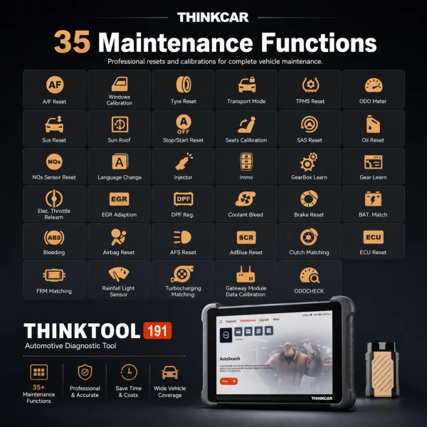 <p><strong>Thinktool 191</strong> is an 8-inch TCOS professional diagnostic scanner built for full-system diagnosis, active tests, advanced coding and modern CAN FD/DoIP vehicles.</p><h3>Key Features</h3><ul><li>8-inch TCOS professional diagnostic tablet</li><li>Full-system scan, live data and special functions</li><li>Bi-directional control and advanced coding on supported vehicles</li><li>35 maintenance and service functions</li><li>CAN FD and DoIP with ThinkDiag Mini 2 VCI</li></ul><h3>Quick Specifications</h3><table style="width:100%;border-collapse:collapse;margin:14px 0;"><tr><th style="text-align:left;padding:8px;border:1px solid #ddd;background:#f7f7f7;">Display</th><td style="padding:8px;border:1px solid #ddd;">8″ touchscreen</td></tr><tr><th style="text-align:left;padding:8px;border:1px solid #ddd;background:#f7f7f7;">Platform</th><td style="padding:8px;border:1px solid #ddd;">TCOS</td></tr><tr><th style="text-align:left;padding:8px;border:1px solid #ddd;background:#f7f7f7;">Processor</th><td style="padding:8px;border:1px solid #ddd;">MTK8365 Cortex-A53 Quad-Core 2.0GHz</td></tr><tr><th style="text-align:left;padding:8px;border:1px solid #ddd;background:#f7f7f7;">Memory</th><td style="padding:8px;border:1px solid #ddd;">4GB RAM / 64GB storage</td></tr><tr><th style="text-align:left;padding:8px;border:1px solid #ddd;background:#f7f7f7;">Battery</th><td style="padding:8px;border:1px solid #ddd;">4150mAh / 3.8V</td></tr><tr><th style="text-align:left;padding:8px;border:1px solid #ddd;background:#f7f7f7;">VCI / Protocols</th><td style="padding:8px;border:1px solid #ddd;">ThinkDiag Mini 2; CAN FD, DoIP and standard OBD protocols</td></tr></table><p style="color:#c00000;"><strong>Software package: 3 years of passenger-vehicle software updates are included.</strong></p><p style="color:#c00000;"><strong>Warranty: 2 years. Software updates: 3 years included with this scanner.</strong></p> <p><strong>Thinktool 191</strong> is an 8-inch TCOS professional diagnostic scanner built for full-system diagnosis, active tests, advanced coding and modern CAN FD/DoIP vehicles.</p><h3>Key Features</h3><ul><li>8-inch TCOS professional diagnostic tablet</li><li>Full-system scan, live data and special functions</li><li>Bi-directional control and advanced coding on supported vehicles</li><li>35 maintenance and service functions</li><li>CAN FD and DoIP with ThinkDiag Mini 2 VCI</li></ul><h3>Quick Specifications</h3><table style="width:100%;border-collapse:collapse;margin:14px 0;"><tr><th style="text-align:left;padding:8px;border:1px solid #ddd;background:#f7f7f7;">Display</th><td style="padding:8px;border:1px solid #ddd;">8″ touchscreen</td></tr><tr><th style="text-align:left;padding:8px;border:1px solid #ddd;background:#f7f7f7;">Platform</th><td style="padding:8px;border:1px solid #ddd;">TCOS</td></tr><tr><th style="text-align:left;padding:8px;border:1px solid #ddd;background:#f7f7f7;">Processor</th><td style="padding:8px;border:1px solid #ddd;">MTK8365 Cortex-A53 Quad-Core 2.0GHz</td></tr><tr><th style="text-align:left;padding:8px;border:1px solid #ddd;background:#f7f7f7;">Memory</th><td style="padding:8px;border:1px solid #ddd;">4GB RAM / 64GB storage</td></tr><tr><th style="text-align:left;padding:8px;border:1px solid #ddd;background:#f7f7f7;">Battery</th><td style="padding:8px;border:1px solid #ddd;">4150mAh / 3.8V</td></tr><tr><th style="text-align:left;padding:8px;border:1px solid #ddd;background:#f7f7f7;">VCI / Protocols</th><td style="padding:8px;border:1px solid #ddd;">ThinkDiag Mini 2; CAN FD, DoIP and standard OBD protocols</td></tr></table><p style="color:#c00000;"><strong>Software package: 3 years of passenger-vehicle software updates are included.</strong></p><p style="color:#c00000;"><strong>Warranty: 2 years. Software updates: 3 years included with this scanner.</strong></p>