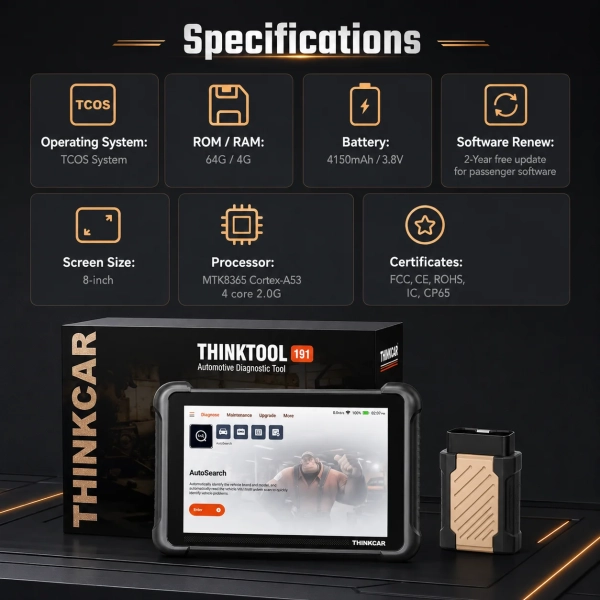 <p><strong>Thinktool 191</strong> is an 8-inch TCOS professional diagnostic scanner built for full-system diagnosis, active tests, advanced coding and modern CAN FD/DoIP vehicles.</p><h3>Key Features</h3><ul><li>8-inch TCOS professional diagnostic tablet</li><li>Full-system scan, live data and special functions</li><li>Bi-directional control and advanced coding on supported vehicles</li><li>35 maintenance and service functions</li><li>CAN FD and DoIP with ThinkDiag Mini 2 VCI</li></ul><h3>Quick Specifications</h3><table style="width:100%;border-collapse:collapse;margin:14px 0;"><tr><th style="text-align:left;padding:8px;border:1px solid #ddd;background:#f7f7f7;">Display</th><td style="padding:8px;border:1px solid #ddd;">8″ touchscreen</td></tr><tr><th style="text-align:left;padding:8px;border:1px solid #ddd;background:#f7f7f7;">Platform</th><td style="padding:8px;border:1px solid #ddd;">TCOS</td></tr><tr><th style="text-align:left;padding:8px;border:1px solid #ddd;background:#f7f7f7;">Processor</th><td style="padding:8px;border:1px solid #ddd;">MTK8365 Cortex-A53 Quad-Core 2.0GHz</td></tr><tr><th style="text-align:left;padding:8px;border:1px solid #ddd;background:#f7f7f7;">Memory</th><td style="padding:8px;border:1px solid #ddd;">4GB RAM / 64GB storage</td></tr><tr><th style="text-align:left;padding:8px;border:1px solid #ddd;background:#f7f7f7;">Battery</th><td style="padding:8px;border:1px solid #ddd;">4150mAh / 3.8V</td></tr><tr><th style="text-align:left;padding:8px;border:1px solid #ddd;background:#f7f7f7;">VCI / Protocols</th><td style="padding:8px;border:1px solid #ddd;">ThinkDiag Mini 2; CAN FD, DoIP and standard OBD protocols</td></tr></table><p style="color:#c00000;"><strong>Software package: 3 years of passenger-vehicle software updates are included.</strong></p><p style="color:#c00000;"><strong>Warranty: 2 years. Software updates: 3 years included with this scanner.</strong></p> <p><strong>Thinktool 191</strong> is an 8-inch TCOS professional diagnostic scanner built for full-system diagnosis, active tests, advanced coding and modern CAN FD/DoIP vehicles.</p><h3>Key Features</h3><ul><li>8-inch TCOS professional diagnostic tablet</li><li>Full-system scan, live data and special functions</li><li>Bi-directional control and advanced coding on supported vehicles</li><li>35 maintenance and service functions</li><li>CAN FD and DoIP with ThinkDiag Mini 2 VCI</li></ul><h3>Quick Specifications</h3><table style="width:100%;border-collapse:collapse;margin:14px 0;"><tr><th style="text-align:left;padding:8px;border:1px solid #ddd;background:#f7f7f7;">Display</th><td style="padding:8px;border:1px solid #ddd;">8″ touchscreen</td></tr><tr><th style="text-align:left;padding:8px;border:1px solid #ddd;background:#f7f7f7;">Platform</th><td style="padding:8px;border:1px solid #ddd;">TCOS</td></tr><tr><th style="text-align:left;padding:8px;border:1px solid #ddd;background:#f7f7f7;">Processor</th><td style="padding:8px;border:1px solid #ddd;">MTK8365 Cortex-A53 Quad-Core 2.0GHz</td></tr><tr><th style="text-align:left;padding:8px;border:1px solid #ddd;background:#f7f7f7;">Memory</th><td style="padding:8px;border:1px solid #ddd;">4GB RAM / 64GB storage</td></tr><tr><th style="text-align:left;padding:8px;border:1px solid #ddd;background:#f7f7f7;">Battery</th><td style="padding:8px;border:1px solid #ddd;">4150mAh / 3.8V</td></tr><tr><th style="text-align:left;padding:8px;border:1px solid #ddd;background:#f7f7f7;">VCI / Protocols</th><td style="padding:8px;border:1px solid #ddd;">ThinkDiag Mini 2; CAN FD, DoIP and standard OBD protocols</td></tr></table><p style="color:#c00000;"><strong>Software package: 3 years of passenger-vehicle software updates are included.</strong></p><p style="color:#c00000;"><strong>Warranty: 2 years. Software updates: 3 years included with this scanner.</strong></p>