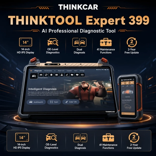 <p><strong>Thinktool Expert 399</strong> is a flagship 14-inch professional diagnostic workstation with AI-assisted workflow, OE-level diagnostics, online programming and dual-diagnostic capability.</p><h3>Key Features</h3><ul><li>14-inch 2.5K-class IPS professional diagnostic display</li><li>8GB RAM and 256GB internal storage</li><li>OE-level diagnostics, bi-directional control and advanced coding</li><li>Online programming support on compatible vehicles and regions</li><li>CAN FD, DoIP, J2534 and dual diagnostic workflow support</li></ul><h3>Quick Specifications</h3><table style="width:100%;border-collapse:collapse;margin:14px 0;"><tr><th style="text-align:left;padding:8px;border:1px solid #ddd;background:#f7f7f7;">Display</th><td style="padding:8px;border:1px solid #ddd;">14″ 2.5K-class IPS touchscreen</td></tr><tr><th style="text-align:left;padding:8px;border:1px solid #ddd;background:#f7f7f7;">Memory</th><td style="padding:8px;border:1px solid #ddd;">8GB RAM / 256GB storage</td></tr><tr><th style="text-align:left;padding:8px;border:1px solid #ddd;background:#f7f7f7;">Battery</th><td style="padding:8px;border:1px solid #ddd;">22,400mAh</td></tr><tr><th style="text-align:left;padding:8px;border:1px solid #ddd;background:#f7f7f7;">Cameras</th><td style="padding:8px;border:1px solid #ddd;">20MP rear / 8MP front</td></tr><tr><th style="text-align:left;padding:8px;border:1px solid #ddd;background:#f7f7f7;">VCI</th><td style="padding:8px;border:1px solid #ddd;">THINKLINK PRO</td></tr><tr><th style="text-align:left;padding:8px;border:1px solid #ddd;background:#f7f7f7;">Protocols</th><td style="padding:8px;border:1px solid #ddd;">CAN FD, DoIP, J2534 and standard diagnostic protocols</td></tr></table><p style="color:#c00000;"><strong>Warranty: 2 years. Software updates: 3 years included with this scanner.</strong></p> <p><strong>Thinktool Expert 399</strong> is a flagship 14-inch professional diagnostic workstation with AI-assisted workflow, OE-level diagnostics, online programming and dual-diagnostic capability.</p><h3>Key Features</h3><ul><li>14-inch 2.5K-class IPS professional diagnostic display</li><li>8GB RAM and 256GB internal storage</li><li>OE-level diagnostics, bi-directional control and advanced coding</li><li>Online programming support on compatible vehicles and regions</li><li>CAN FD, DoIP, J2534 and dual diagnostic workflow support</li></ul><h3>Quick Specifications</h3><table style="width:100%;border-collapse:collapse;margin:14px 0;"><tr><th style="text-align:left;padding:8px;border:1px solid #ddd;background:#f7f7f7;">Display</th><td style="padding:8px;border:1px solid #ddd;">14″ 2.5K-class IPS touchscreen</td></tr><tr><th style="text-align:left;padding:8px;border:1px solid #ddd;background:#f7f7f7;">Memory</th><td style="padding:8px;border:1px solid #ddd;">8GB RAM / 256GB storage</td></tr><tr><th style="text-align:left;padding:8px;border:1px solid #ddd;background:#f7f7f7;">Battery</th><td style="padding:8px;border:1px solid #ddd;">22,400mAh</td></tr><tr><th style="text-align:left;padding:8px;border:1px solid #ddd;background:#f7f7f7;">Cameras</th><td style="padding:8px;border:1px solid #ddd;">20MP rear / 8MP front</td></tr><tr><th style="text-align:left;padding:8px;border:1px solid #ddd;background:#f7f7f7;">VCI</th><td style="padding:8px;border:1px solid #ddd;">THINKLINK PRO</td></tr><tr><th style="text-align:left;padding:8px;border:1px solid #ddd;background:#f7f7f7;">Protocols</th><td style="padding:8px;border:1px solid #ddd;">CAN FD, DoIP, J2534 and standard diagnostic protocols</td></tr></table><p style="color:#c00000;"><strong>Warranty: 2 years. Software updates: 3 years included with this scanner.</strong></p>