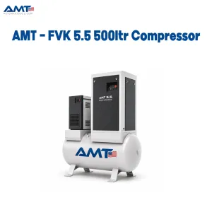 AMT FVK-5.5 500L Rotary Screw Air Compressor – 5.5kW / 7.5HP, 8–13 Bar, Integrated Air Dryer, 2 Line Filters, 65dB Low-Noise Industrial Compressor