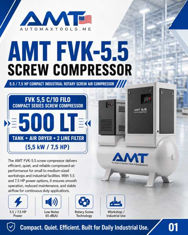 <h3>AMT FVK-5.5 500L Rotary Screw Air Compressor</h3><p>The <strong>AMT FVK-5.5 500L Screw Compressor</strong> is an all-in-one compressed-air system for automotive workshops, body shops, fabrication facilities and light-industrial operations. It combines a 5.5kW / 7.5HP rotary screw compressor with a large 500-litre receiver tank, integrated air dryer and two line filters to deliver clean, dry and stable compressed air with a low operating noise level of approximately 65dB(A).</p><h3>Technical Specifications</h3><table><thead><tr><th>Specification</th><th>Details</th></tr></thead><tbody><tr><td><strong>Model</strong></td><td>AMT FVK-5.5 / FVK 5.5 C/10 FILO</td></tr><tr><td><strong>Compressor Type</strong></td><td>Rotary Screw Compressor</td></tr><tr><td><strong>Motor Power</strong></td><td>5.5kW / 7.5HP</td></tr><tr><td><strong>Receiver Capacity</strong></td><td>500 litres</td></tr><tr><td><strong>Working Pressure</strong></td><td>8–13 bar</td></tr><tr><td><strong>Air Capacity</strong></td><td>0.80 / 0.68 / 0.55m³/min</td></tr><tr><td><strong>Airflow</strong></td><td>28 / 23.8 / 19.2 CFM</td></tr><tr><td><strong>Air Connection</strong></td><td>1/2 inch</td></tr><tr><td><strong>Noise Level</strong></td><td>Approximately 65dB(A)</td></tr><tr><td><strong>Air Treatment</strong></td><td>Integrated Air Dryer and 2 Line Filters</td></tr><tr><td><strong>Installation</strong></td><td>Workshop and Industrial Use</td></tr></tbody></table> <h3>AMT FVK-5.5 500L Rotary Screw Air Compressor</h3><p>The <strong>AMT FVK-5.5 500L Screw Compressor</strong> is an all-in-one compressed-air system for automotive workshops, body shops, fabrication facilities and light-industrial operations. It combines a 5.5kW / 7.5HP rotary screw compressor with a large 500-litre receiver tank, integrated air dryer and two line filters to deliver clean, dry and stable compressed air with a low operating noise level of approximately 65dB(A).</p><h3>Technical Specifications</h3><table><thead><tr><th>Specification</th><th>Details</th></tr></thead><tbody><tr><td><strong>Model</strong></td><td>AMT FVK-5.5 / FVK 5.5 C/10 FILO</td></tr><tr><td><strong>Compressor Type</strong></td><td>Rotary Screw Compressor</td></tr><tr><td><strong>Motor Power</strong></td><td>5.5kW / 7.5HP</td></tr><tr><td><strong>Receiver Capacity</strong></td><td>500 litres</td></tr><tr><td><strong>Working Pressure</strong></td><td>8–13 bar</td></tr><tr><td><strong>Air Capacity</strong></td><td>0.80 / 0.68 / 0.55m³/min</td></tr><tr><td><strong>Airflow</strong></td><td>28 / 23.8 / 19.2 CFM</td></tr><tr><td><strong>Air Connection</strong></td><td>1/2 inch</td></tr><tr><td><strong>Noise Level</strong></td><td>Approximately 65dB(A)</td></tr><tr><td><strong>Air Treatment</strong></td><td>Integrated Air Dryer and 2 Line Filters</td></tr><tr><td><strong>Installation</strong></td><td>Workshop and Industrial Use</td></tr></tbody></table>
