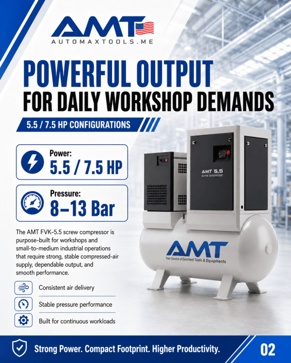 <h3>AMT FVK-5.5 500L Rotary Screw Air Compressor</h3><p>The <strong>AMT FVK-5.5 500L Screw Compressor</strong> is an all-in-one compressed-air system for automotive workshops, body shops, fabrication facilities and light-industrial operations. It combines a 5.5kW / 7.5HP rotary screw compressor with a large 500-litre receiver tank, integrated air dryer and two line filters to deliver clean, dry and stable compressed air with a low operating noise level of approximately 65dB(A).</p><h3>Technical Specifications</h3><table><thead><tr><th>Specification</th><th>Details</th></tr></thead><tbody><tr><td><strong>Model</strong></td><td>AMT FVK-5.5 / FVK 5.5 C/10 FILO</td></tr><tr><td><strong>Compressor Type</strong></td><td>Rotary Screw Compressor</td></tr><tr><td><strong>Motor Power</strong></td><td>5.5kW / 7.5HP</td></tr><tr><td><strong>Receiver Capacity</strong></td><td>500 litres</td></tr><tr><td><strong>Working Pressure</strong></td><td>8–13 bar</td></tr><tr><td><strong>Air Capacity</strong></td><td>0.80 / 0.68 / 0.55m³/min</td></tr><tr><td><strong>Airflow</strong></td><td>28 / 23.8 / 19.2 CFM</td></tr><tr><td><strong>Air Connection</strong></td><td>1/2 inch</td></tr><tr><td><strong>Noise Level</strong></td><td>Approximately 65dB(A)</td></tr><tr><td><strong>Air Treatment</strong></td><td>Integrated Air Dryer and 2 Line Filters</td></tr><tr><td><strong>Installation</strong></td><td>Workshop and Industrial Use</td></tr></tbody></table> <h3>AMT FVK-5.5 500L Rotary Screw Air Compressor</h3><p>The <strong>AMT FVK-5.5 500L Screw Compressor</strong> is an all-in-one compressed-air system for automotive workshops, body shops, fabrication facilities and light-industrial operations. It combines a 5.5kW / 7.5HP rotary screw compressor with a large 500-litre receiver tank, integrated air dryer and two line filters to deliver clean, dry and stable compressed air with a low operating noise level of approximately 65dB(A).</p><h3>Technical Specifications</h3><table><thead><tr><th>Specification</th><th>Details</th></tr></thead><tbody><tr><td><strong>Model</strong></td><td>AMT FVK-5.5 / FVK 5.5 C/10 FILO</td></tr><tr><td><strong>Compressor Type</strong></td><td>Rotary Screw Compressor</td></tr><tr><td><strong>Motor Power</strong></td><td>5.5kW / 7.5HP</td></tr><tr><td><strong>Receiver Capacity</strong></td><td>500 litres</td></tr><tr><td><strong>Working Pressure</strong></td><td>8–13 bar</td></tr><tr><td><strong>Air Capacity</strong></td><td>0.80 / 0.68 / 0.55m³/min</td></tr><tr><td><strong>Airflow</strong></td><td>28 / 23.8 / 19.2 CFM</td></tr><tr><td><strong>Air Connection</strong></td><td>1/2 inch</td></tr><tr><td><strong>Noise Level</strong></td><td>Approximately 65dB(A)</td></tr><tr><td><strong>Air Treatment</strong></td><td>Integrated Air Dryer and 2 Line Filters</td></tr><tr><td><strong>Installation</strong></td><td>Workshop and Industrial Use</td></tr></tbody></table>