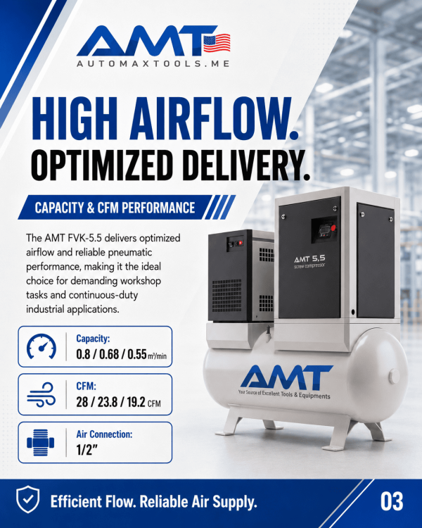 <h3>AMT FVK-5.5 500L Rotary Screw Air Compressor</h3><p>The <strong>AMT FVK-5.5 500L Screw Compressor</strong> is an all-in-one compressed-air system for automotive workshops, body shops, fabrication facilities and light-industrial operations. It combines a 5.5kW / 7.5HP rotary screw compressor with a large 500-litre receiver tank, integrated air dryer and two line filters to deliver clean, dry and stable compressed air with a low operating noise level of approximately 65dB(A).</p><h3>Technical Specifications</h3><table><thead><tr><th>Specification</th><th>Details</th></tr></thead><tbody><tr><td><strong>Model</strong></td><td>AMT FVK-5.5 / FVK 5.5 C/10 FILO</td></tr><tr><td><strong>Compressor Type</strong></td><td>Rotary Screw Compressor</td></tr><tr><td><strong>Motor Power</strong></td><td>5.5kW / 7.5HP</td></tr><tr><td><strong>Receiver Capacity</strong></td><td>500 litres</td></tr><tr><td><strong>Working Pressure</strong></td><td>8–13 bar</td></tr><tr><td><strong>Air Capacity</strong></td><td>0.80 / 0.68 / 0.55m³/min</td></tr><tr><td><strong>Airflow</strong></td><td>28 / 23.8 / 19.2 CFM</td></tr><tr><td><strong>Air Connection</strong></td><td>1/2 inch</td></tr><tr><td><strong>Noise Level</strong></td><td>Approximately 65dB(A)</td></tr><tr><td><strong>Air Treatment</strong></td><td>Integrated Air Dryer and 2 Line Filters</td></tr><tr><td><strong>Installation</strong></td><td>Workshop and Industrial Use</td></tr></tbody></table> <h3>AMT FVK-5.5 500L Rotary Screw Air Compressor</h3><p>The <strong>AMT FVK-5.5 500L Screw Compressor</strong> is an all-in-one compressed-air system for automotive workshops, body shops, fabrication facilities and light-industrial operations. It combines a 5.5kW / 7.5HP rotary screw compressor with a large 500-litre receiver tank, integrated air dryer and two line filters to deliver clean, dry and stable compressed air with a low operating noise level of approximately 65dB(A).</p><h3>Technical Specifications</h3><table><thead><tr><th>Specification</th><th>Details</th></tr></thead><tbody><tr><td><strong>Model</strong></td><td>AMT FVK-5.5 / FVK 5.5 C/10 FILO</td></tr><tr><td><strong>Compressor Type</strong></td><td>Rotary Screw Compressor</td></tr><tr><td><strong>Motor Power</strong></td><td>5.5kW / 7.5HP</td></tr><tr><td><strong>Receiver Capacity</strong></td><td>500 litres</td></tr><tr><td><strong>Working Pressure</strong></td><td>8–13 bar</td></tr><tr><td><strong>Air Capacity</strong></td><td>0.80 / 0.68 / 0.55m³/min</td></tr><tr><td><strong>Airflow</strong></td><td>28 / 23.8 / 19.2 CFM</td></tr><tr><td><strong>Air Connection</strong></td><td>1/2 inch</td></tr><tr><td><strong>Noise Level</strong></td><td>Approximately 65dB(A)</td></tr><tr><td><strong>Air Treatment</strong></td><td>Integrated Air Dryer and 2 Line Filters</td></tr><tr><td><strong>Installation</strong></td><td>Workshop and Industrial Use</td></tr></tbody></table>