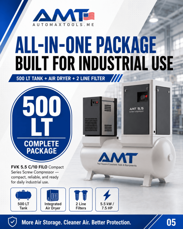 <h3>AMT FVK-5.5 500L Rotary Screw Air Compressor</h3><p>The <strong>AMT FVK-5.5 500L Screw Compressor</strong> is an all-in-one compressed-air system for automotive workshops, body shops, fabrication facilities and light-industrial operations. It combines a 5.5kW / 7.5HP rotary screw compressor with a large 500-litre receiver tank, integrated air dryer and two line filters to deliver clean, dry and stable compressed air with a low operating noise level of approximately 65dB(A).</p><h3>Technical Specifications</h3><table><thead><tr><th>Specification</th><th>Details</th></tr></thead><tbody><tr><td><strong>Model</strong></td><td>AMT FVK-5.5 / FVK 5.5 C/10 FILO</td></tr><tr><td><strong>Compressor Type</strong></td><td>Rotary Screw Compressor</td></tr><tr><td><strong>Motor Power</strong></td><td>5.5kW / 7.5HP</td></tr><tr><td><strong>Receiver Capacity</strong></td><td>500 litres</td></tr><tr><td><strong>Working Pressure</strong></td><td>8–13 bar</td></tr><tr><td><strong>Air Capacity</strong></td><td>0.80 / 0.68 / 0.55m³/min</td></tr><tr><td><strong>Airflow</strong></td><td>28 / 23.8 / 19.2 CFM</td></tr><tr><td><strong>Air Connection</strong></td><td>1/2 inch</td></tr><tr><td><strong>Noise Level</strong></td><td>Approximately 65dB(A)</td></tr><tr><td><strong>Air Treatment</strong></td><td>Integrated Air Dryer and 2 Line Filters</td></tr><tr><td><strong>Installation</strong></td><td>Workshop and Industrial Use</td></tr></tbody></table> <h3>AMT FVK-5.5 500L Rotary Screw Air Compressor</h3><p>The <strong>AMT FVK-5.5 500L Screw Compressor</strong> is an all-in-one compressed-air system for automotive workshops, body shops, fabrication facilities and light-industrial operations. It combines a 5.5kW / 7.5HP rotary screw compressor with a large 500-litre receiver tank, integrated air dryer and two line filters to deliver clean, dry and stable compressed air with a low operating noise level of approximately 65dB(A).</p><h3>Technical Specifications</h3><table><thead><tr><th>Specification</th><th>Details</th></tr></thead><tbody><tr><td><strong>Model</strong></td><td>AMT FVK-5.5 / FVK 5.5 C/10 FILO</td></tr><tr><td><strong>Compressor Type</strong></td><td>Rotary Screw Compressor</td></tr><tr><td><strong>Motor Power</strong></td><td>5.5kW / 7.5HP</td></tr><tr><td><strong>Receiver Capacity</strong></td><td>500 litres</td></tr><tr><td><strong>Working Pressure</strong></td><td>8–13 bar</td></tr><tr><td><strong>Air Capacity</strong></td><td>0.80 / 0.68 / 0.55m³/min</td></tr><tr><td><strong>Airflow</strong></td><td>28 / 23.8 / 19.2 CFM</td></tr><tr><td><strong>Air Connection</strong></td><td>1/2 inch</td></tr><tr><td><strong>Noise Level</strong></td><td>Approximately 65dB(A)</td></tr><tr><td><strong>Air Treatment</strong></td><td>Integrated Air Dryer and 2 Line Filters</td></tr><tr><td><strong>Installation</strong></td><td>Workshop and Industrial Use</td></tr></tbody></table>