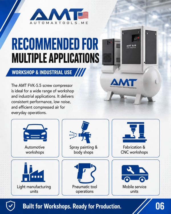 <h3>AMT FVK-5.5 500L Rotary Screw Air Compressor</h3><p>The <strong>AMT FVK-5.5 500L Screw Compressor</strong> is an all-in-one compressed-air system for automotive workshops, body shops, fabrication facilities and light-industrial operations. It combines a 5.5kW / 7.5HP rotary screw compressor with a large 500-litre receiver tank, integrated air dryer and two line filters to deliver clean, dry and stable compressed air with a low operating noise level of approximately 65dB(A).</p><h3>Technical Specifications</h3><table><thead><tr><th>Specification</th><th>Details</th></tr></thead><tbody><tr><td><strong>Model</strong></td><td>AMT FVK-5.5 / FVK 5.5 C/10 FILO</td></tr><tr><td><strong>Compressor Type</strong></td><td>Rotary Screw Compressor</td></tr><tr><td><strong>Motor Power</strong></td><td>5.5kW / 7.5HP</td></tr><tr><td><strong>Receiver Capacity</strong></td><td>500 litres</td></tr><tr><td><strong>Working Pressure</strong></td><td>8–13 bar</td></tr><tr><td><strong>Air Capacity</strong></td><td>0.80 / 0.68 / 0.55m³/min</td></tr><tr><td><strong>Airflow</strong></td><td>28 / 23.8 / 19.2 CFM</td></tr><tr><td><strong>Air Connection</strong></td><td>1/2 inch</td></tr><tr><td><strong>Noise Level</strong></td><td>Approximately 65dB(A)</td></tr><tr><td><strong>Air Treatment</strong></td><td>Integrated Air Dryer and 2 Line Filters</td></tr><tr><td><strong>Installation</strong></td><td>Workshop and Industrial Use</td></tr></tbody></table> <h3>AMT FVK-5.5 500L Rotary Screw Air Compressor</h3><p>The <strong>AMT FVK-5.5 500L Screw Compressor</strong> is an all-in-one compressed-air system for automotive workshops, body shops, fabrication facilities and light-industrial operations. It combines a 5.5kW / 7.5HP rotary screw compressor with a large 500-litre receiver tank, integrated air dryer and two line filters to deliver clean, dry and stable compressed air with a low operating noise level of approximately 65dB(A).</p><h3>Technical Specifications</h3><table><thead><tr><th>Specification</th><th>Details</th></tr></thead><tbody><tr><td><strong>Model</strong></td><td>AMT FVK-5.5 / FVK 5.5 C/10 FILO</td></tr><tr><td><strong>Compressor Type</strong></td><td>Rotary Screw Compressor</td></tr><tr><td><strong>Motor Power</strong></td><td>5.5kW / 7.5HP</td></tr><tr><td><strong>Receiver Capacity</strong></td><td>500 litres</td></tr><tr><td><strong>Working Pressure</strong></td><td>8–13 bar</td></tr><tr><td><strong>Air Capacity</strong></td><td>0.80 / 0.68 / 0.55m³/min</td></tr><tr><td><strong>Airflow</strong></td><td>28 / 23.8 / 19.2 CFM</td></tr><tr><td><strong>Air Connection</strong></td><td>1/2 inch</td></tr><tr><td><strong>Noise Level</strong></td><td>Approximately 65dB(A)</td></tr><tr><td><strong>Air Treatment</strong></td><td>Integrated Air Dryer and 2 Line Filters</td></tr><tr><td><strong>Installation</strong></td><td>Workshop and Industrial Use</td></tr></tbody></table>