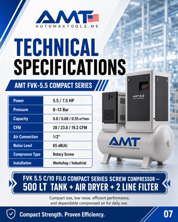 <h3>AMT FVK-5.5 500L Rotary Screw Air Compressor</h3><p>The <strong>AMT FVK-5.5 500L Screw Compressor</strong> is an all-in-one compressed-air system for automotive workshops, body shops, fabrication facilities and light-industrial operations. It combines a 5.5kW / 7.5HP rotary screw compressor with a large 500-litre receiver tank, integrated air dryer and two line filters to deliver clean, dry and stable compressed air with a low operating noise level of approximately 65dB(A).</p><h3>Technical Specifications</h3><table><thead><tr><th>Specification</th><th>Details</th></tr></thead><tbody><tr><td><strong>Model</strong></td><td>AMT FVK-5.5 / FVK 5.5 C/10 FILO</td></tr><tr><td><strong>Compressor Type</strong></td><td>Rotary Screw Compressor</td></tr><tr><td><strong>Motor Power</strong></td><td>5.5kW / 7.5HP</td></tr><tr><td><strong>Receiver Capacity</strong></td><td>500 litres</td></tr><tr><td><strong>Working Pressure</strong></td><td>8–13 bar</td></tr><tr><td><strong>Air Capacity</strong></td><td>0.80 / 0.68 / 0.55m³/min</td></tr><tr><td><strong>Airflow</strong></td><td>28 / 23.8 / 19.2 CFM</td></tr><tr><td><strong>Air Connection</strong></td><td>1/2 inch</td></tr><tr><td><strong>Noise Level</strong></td><td>Approximately 65dB(A)</td></tr><tr><td><strong>Air Treatment</strong></td><td>Integrated Air Dryer and 2 Line Filters</td></tr><tr><td><strong>Installation</strong></td><td>Workshop and Industrial Use</td></tr></tbody></table> <h3>AMT FVK-5.5 500L Rotary Screw Air Compressor</h3><p>The <strong>AMT FVK-5.5 500L Screw Compressor</strong> is an all-in-one compressed-air system for automotive workshops, body shops, fabrication facilities and light-industrial operations. It combines a 5.5kW / 7.5HP rotary screw compressor with a large 500-litre receiver tank, integrated air dryer and two line filters to deliver clean, dry and stable compressed air with a low operating noise level of approximately 65dB(A).</p><h3>Technical Specifications</h3><table><thead><tr><th>Specification</th><th>Details</th></tr></thead><tbody><tr><td><strong>Model</strong></td><td>AMT FVK-5.5 / FVK 5.5 C/10 FILO</td></tr><tr><td><strong>Compressor Type</strong></td><td>Rotary Screw Compressor</td></tr><tr><td><strong>Motor Power</strong></td><td>5.5kW / 7.5HP</td></tr><tr><td><strong>Receiver Capacity</strong></td><td>500 litres</td></tr><tr><td><strong>Working Pressure</strong></td><td>8–13 bar</td></tr><tr><td><strong>Air Capacity</strong></td><td>0.80 / 0.68 / 0.55m³/min</td></tr><tr><td><strong>Airflow</strong></td><td>28 / 23.8 / 19.2 CFM</td></tr><tr><td><strong>Air Connection</strong></td><td>1/2 inch</td></tr><tr><td><strong>Noise Level</strong></td><td>Approximately 65dB(A)</td></tr><tr><td><strong>Air Treatment</strong></td><td>Integrated Air Dryer and 2 Line Filters</td></tr><tr><td><strong>Installation</strong></td><td>Workshop and Industrial Use</td></tr></tbody></table>