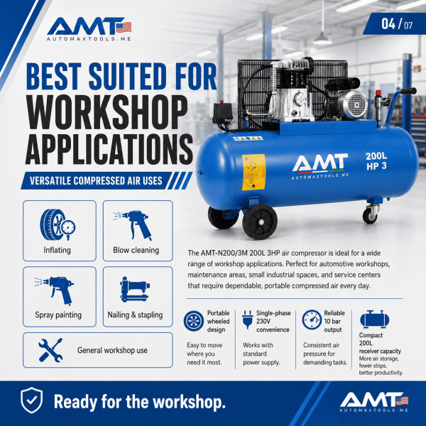 <h3>AMT-N200/3M 200L 3HP Air Compressor</h3><p>The <strong>AMT-N200/3M 200L 3HP Air Compressor</strong> is a professional belt-driven piston compressor designed for automotive garages, tyre shops, maintenance facilities and general pneumatic applications. It combines a 200-litre receiver, 3HP motor, 2.2kW output, 230V single-phase operation, 10 bar maximum pressure and a reliable ABAC pump.</p><h3>Technical Specifications</h3><table><thead><tr><th>Specification</th><th>Details</th></tr></thead><tbody><tr><td><strong>Model</strong></td><td>AMT-N200/3M</td></tr><tr><td><strong>Compressor Type</strong></td><td>Belt-Driven Oil-Lubricated Piston Compressor</td></tr><tr><td><strong>Receiver Capacity</strong></td><td>200 litres</td></tr><tr><td><strong>Motor Power</strong></td><td>3HP</td></tr><tr><td><strong>Rated Power</strong></td><td>2.2kW</td></tr><tr><td><strong>Voltage</strong></td><td>230V</td></tr><tr><td><strong>Phase</strong></td><td>Single Phase</td></tr><tr><td><strong>Frequency</strong></td><td>50Hz</td></tr><tr><td><strong>Maximum Pressure</strong></td><td>10 bar</td></tr><tr><td><strong>Pump</strong></td><td>ABAC Pump</td></tr><tr><td><strong>Manufacturing</strong></td><td>Designed and Engineered in Italy, Assembled in KSA</td></tr></tbody></table> <h3>AMT-N200/3M 200L 3HP Air Compressor</h3><p>The <strong>AMT-N200/3M 200L 3HP Air Compressor</strong> is a professional belt-driven piston compressor designed for automotive garages, tyre shops, maintenance facilities and general pneumatic applications. It combines a 200-litre receiver, 3HP motor, 2.2kW output, 230V single-phase operation, 10 bar maximum pressure and a reliable ABAC pump.</p><h3>Technical Specifications</h3><table><thead><tr><th>Specification</th><th>Details</th></tr></thead><tbody><tr><td><strong>Model</strong></td><td>AMT-N200/3M</td></tr><tr><td><strong>Compressor Type</strong></td><td>Belt-Driven Oil-Lubricated Piston Compressor</td></tr><tr><td><strong>Receiver Capacity</strong></td><td>200 litres</td></tr><tr><td><strong>Motor Power</strong></td><td>3HP</td></tr><tr><td><strong>Rated Power</strong></td><td>2.2kW</td></tr><tr><td><strong>Voltage</strong></td><td>230V</td></tr><tr><td><strong>Phase</strong></td><td>Single Phase</td></tr><tr><td><strong>Frequency</strong></td><td>50Hz</td></tr><tr><td><strong>Maximum Pressure</strong></td><td>10 bar</td></tr><tr><td><strong>Pump</strong></td><td>ABAC Pump</td></tr><tr><td><strong>Manufacturing</strong></td><td>Designed and Engineered in Italy, Assembled in KSA</td></tr></tbody></table>