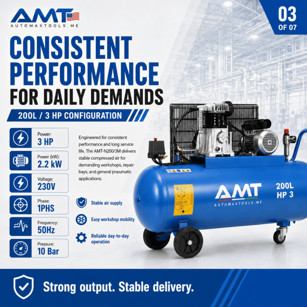 <h3>AMT-N200/3M 200L 3HP Air Compressor</h3><p>The <strong>AMT-N200/3M 200L 3HP Air Compressor</strong> is a professional belt-driven piston compressor designed for automotive garages, tyre shops, maintenance facilities and general pneumatic applications. It combines a 200-litre receiver, 3HP motor, 2.2kW output, 230V single-phase operation, 10 bar maximum pressure and a reliable ABAC pump.</p><h3>Technical Specifications</h3><table><thead><tr><th>Specification</th><th>Details</th></tr></thead><tbody><tr><td><strong>Model</strong></td><td>AMT-N200/3M</td></tr><tr><td><strong>Compressor Type</strong></td><td>Belt-Driven Oil-Lubricated Piston Compressor</td></tr><tr><td><strong>Receiver Capacity</strong></td><td>200 litres</td></tr><tr><td><strong>Motor Power</strong></td><td>3HP</td></tr><tr><td><strong>Rated Power</strong></td><td>2.2kW</td></tr><tr><td><strong>Voltage</strong></td><td>230V</td></tr><tr><td><strong>Phase</strong></td><td>Single Phase</td></tr><tr><td><strong>Frequency</strong></td><td>50Hz</td></tr><tr><td><strong>Maximum Pressure</strong></td><td>10 bar</td></tr><tr><td><strong>Pump</strong></td><td>ABAC Pump</td></tr><tr><td><strong>Manufacturing</strong></td><td>Designed and Engineered in Italy, Assembled in KSA</td></tr></tbody></table> <h3>AMT-N200/3M 200L 3HP Air Compressor</h3><p>The <strong>AMT-N200/3M 200L 3HP Air Compressor</strong> is a professional belt-driven piston compressor designed for automotive garages, tyre shops, maintenance facilities and general pneumatic applications. It combines a 200-litre receiver, 3HP motor, 2.2kW output, 230V single-phase operation, 10 bar maximum pressure and a reliable ABAC pump.</p><h3>Technical Specifications</h3><table><thead><tr><th>Specification</th><th>Details</th></tr></thead><tbody><tr><td><strong>Model</strong></td><td>AMT-N200/3M</td></tr><tr><td><strong>Compressor Type</strong></td><td>Belt-Driven Oil-Lubricated Piston Compressor</td></tr><tr><td><strong>Receiver Capacity</strong></td><td>200 litres</td></tr><tr><td><strong>Motor Power</strong></td><td>3HP</td></tr><tr><td><strong>Rated Power</strong></td><td>2.2kW</td></tr><tr><td><strong>Voltage</strong></td><td>230V</td></tr><tr><td><strong>Phase</strong></td><td>Single Phase</td></tr><tr><td><strong>Frequency</strong></td><td>50Hz</td></tr><tr><td><strong>Maximum Pressure</strong></td><td>10 bar</td></tr><tr><td><strong>Pump</strong></td><td>ABAC Pump</td></tr><tr><td><strong>Manufacturing</strong></td><td>Designed and Engineered in Italy, Assembled in KSA</td></tr></tbody></table>