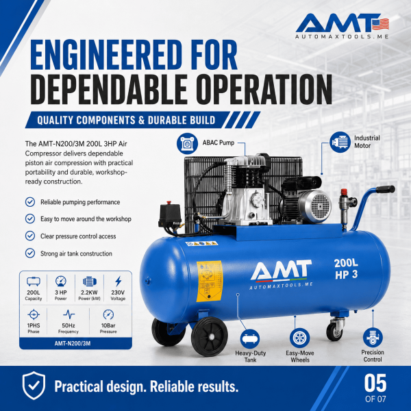 <h3>AMT-N200/3M 200L 3HP Air Compressor</h3><p>The <strong>AMT-N200/3M 200L 3HP Air Compressor</strong> is a professional belt-driven piston compressor designed for automotive garages, tyre shops, maintenance facilities and general pneumatic applications. It combines a 200-litre receiver, 3HP motor, 2.2kW output, 230V single-phase operation, 10 bar maximum pressure and a reliable ABAC pump.</p><h3>Technical Specifications</h3><table><thead><tr><th>Specification</th><th>Details</th></tr></thead><tbody><tr><td><strong>Model</strong></td><td>AMT-N200/3M</td></tr><tr><td><strong>Compressor Type</strong></td><td>Belt-Driven Oil-Lubricated Piston Compressor</td></tr><tr><td><strong>Receiver Capacity</strong></td><td>200 litres</td></tr><tr><td><strong>Motor Power</strong></td><td>3HP</td></tr><tr><td><strong>Rated Power</strong></td><td>2.2kW</td></tr><tr><td><strong>Voltage</strong></td><td>230V</td></tr><tr><td><strong>Phase</strong></td><td>Single Phase</td></tr><tr><td><strong>Frequency</strong></td><td>50Hz</td></tr><tr><td><strong>Maximum Pressure</strong></td><td>10 bar</td></tr><tr><td><strong>Pump</strong></td><td>ABAC Pump</td></tr><tr><td><strong>Manufacturing</strong></td><td>Designed and Engineered in Italy, Assembled in KSA</td></tr></tbody></table> <h3>AMT-N200/3M 200L 3HP Air Compressor</h3><p>The <strong>AMT-N200/3M 200L 3HP Air Compressor</strong> is a professional belt-driven piston compressor designed for automotive garages, tyre shops, maintenance facilities and general pneumatic applications. It combines a 200-litre receiver, 3HP motor, 2.2kW output, 230V single-phase operation, 10 bar maximum pressure and a reliable ABAC pump.</p><h3>Technical Specifications</h3><table><thead><tr><th>Specification</th><th>Details</th></tr></thead><tbody><tr><td><strong>Model</strong></td><td>AMT-N200/3M</td></tr><tr><td><strong>Compressor Type</strong></td><td>Belt-Driven Oil-Lubricated Piston Compressor</td></tr><tr><td><strong>Receiver Capacity</strong></td><td>200 litres</td></tr><tr><td><strong>Motor Power</strong></td><td>3HP</td></tr><tr><td><strong>Rated Power</strong></td><td>2.2kW</td></tr><tr><td><strong>Voltage</strong></td><td>230V</td></tr><tr><td><strong>Phase</strong></td><td>Single Phase</td></tr><tr><td><strong>Frequency</strong></td><td>50Hz</td></tr><tr><td><strong>Maximum Pressure</strong></td><td>10 bar</td></tr><tr><td><strong>Pump</strong></td><td>ABAC Pump</td></tr><tr><td><strong>Manufacturing</strong></td><td>Designed and Engineered in Italy, Assembled in KSA</td></tr></tbody></table>