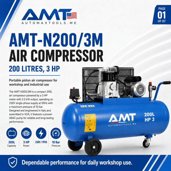<h3>AMT-N200/3M 200L 3HP Air Compressor</h3><p>The <strong>AMT-N200/3M 200L 3HP Air Compressor</strong> is a professional belt-driven piston compressor designed for automotive garages, tyre shops, maintenance facilities and general pneumatic applications. It combines a 200-litre receiver, 3HP motor, 2.2kW output, 230V single-phase operation, 10 bar maximum pressure and a reliable ABAC pump.</p><h3>Technical Specifications</h3><table><thead><tr><th>Specification</th><th>Details</th></tr></thead><tbody><tr><td><strong>Model</strong></td><td>AMT-N200/3M</td></tr><tr><td><strong>Compressor Type</strong></td><td>Belt-Driven Oil-Lubricated Piston Compressor</td></tr><tr><td><strong>Receiver Capacity</strong></td><td>200 litres</td></tr><tr><td><strong>Motor Power</strong></td><td>3HP</td></tr><tr><td><strong>Rated Power</strong></td><td>2.2kW</td></tr><tr><td><strong>Voltage</strong></td><td>230V</td></tr><tr><td><strong>Phase</strong></td><td>Single Phase</td></tr><tr><td><strong>Frequency</strong></td><td>50Hz</td></tr><tr><td><strong>Maximum Pressure</strong></td><td>10 bar</td></tr><tr><td><strong>Pump</strong></td><td>ABAC Pump</td></tr><tr><td><strong>Manufacturing</strong></td><td>Designed and Engineered in Italy, Assembled in KSA</td></tr></tbody></table> <h3>AMT-N200/3M 200L 3HP Air Compressor</h3><p>The <strong>AMT-N200/3M 200L 3HP Air Compressor</strong> is a professional belt-driven piston compressor designed for automotive garages, tyre shops, maintenance facilities and general pneumatic applications. It combines a 200-litre receiver, 3HP motor, 2.2kW output, 230V single-phase operation, 10 bar maximum pressure and a reliable ABAC pump.</p><h3>Technical Specifications</h3><table><thead><tr><th>Specification</th><th>Details</th></tr></thead><tbody><tr><td><strong>Model</strong></td><td>AMT-N200/3M</td></tr><tr><td><strong>Compressor Type</strong></td><td>Belt-Driven Oil-Lubricated Piston Compressor</td></tr><tr><td><strong>Receiver Capacity</strong></td><td>200 litres</td></tr><tr><td><strong>Motor Power</strong></td><td>3HP</td></tr><tr><td><strong>Rated Power</strong></td><td>2.2kW</td></tr><tr><td><strong>Voltage</strong></td><td>230V</td></tr><tr><td><strong>Phase</strong></td><td>Single Phase</td></tr><tr><td><strong>Frequency</strong></td><td>50Hz</td></tr><tr><td><strong>Maximum Pressure</strong></td><td>10 bar</td></tr><tr><td><strong>Pump</strong></td><td>ABAC Pump</td></tr><tr><td><strong>Manufacturing</strong></td><td>Designed and Engineered in Italy, Assembled in KSA</td></tr></tbody></table>