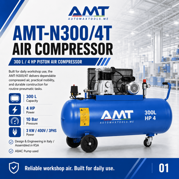 <h3>AMT-N300/4T 300L 4HP Air Compressor</h3><p>The <strong>AMT-N300/4T 300L 4HP Air Compressor</strong> is a professional three-phase piston compressor for garages and industrial users requiring stronger compressed-air performance. It features a 300-litre receiver, 4HP motor, 3kW output, 400V three-phase supply, 10 bar maximum pressure and a dependable ABAC pump.</p><h3>Technical Specifications</h3><table><thead><tr><th>Specification</th><th>Details</th></tr></thead><tbody><tr><td><strong>Model</strong></td><td>AMT-N300/4T</td></tr><tr><td><strong>Compressor Type</strong></td><td>Belt-Driven Oil-Lubricated Piston Compressor</td></tr><tr><td><strong>Receiver Capacity</strong></td><td>300 litres</td></tr><tr><td><strong>Motor Power</strong></td><td>4HP</td></tr><tr><td><strong>Rated Power</strong></td><td>3kW</td></tr><tr><td><strong>Voltage</strong></td><td>400V</td></tr><tr><td><strong>Phase</strong></td><td>Three Phase</td></tr><tr><td><strong>Frequency</strong></td><td>50Hz</td></tr><tr><td><strong>Maximum Pressure</strong></td><td>10 bar</td></tr><tr><td><strong>Pump</strong></td><td>ABAC Pump</td></tr><tr><td><strong>Manufacturing</strong></td><td>Designed and Engineered in Italy, Assembled in KSA</td></tr></tbody></table> <h3>AMT-N300/4T 300L 4HP Air Compressor</h3><p>The <strong>AMT-N300/4T 300L 4HP Air Compressor</strong> is a professional three-phase piston compressor for garages and industrial users requiring stronger compressed-air performance. It features a 300-litre receiver, 4HP motor, 3kW output, 400V three-phase supply, 10 bar maximum pressure and a dependable ABAC pump.</p><h3>Technical Specifications</h3><table><thead><tr><th>Specification</th><th>Details</th></tr></thead><tbody><tr><td><strong>Model</strong></td><td>AMT-N300/4T</td></tr><tr><td><strong>Compressor Type</strong></td><td>Belt-Driven Oil-Lubricated Piston Compressor</td></tr><tr><td><strong>Receiver Capacity</strong></td><td>300 litres</td></tr><tr><td><strong>Motor Power</strong></td><td>4HP</td></tr><tr><td><strong>Rated Power</strong></td><td>3kW</td></tr><tr><td><strong>Voltage</strong></td><td>400V</td></tr><tr><td><strong>Phase</strong></td><td>Three Phase</td></tr><tr><td><strong>Frequency</strong></td><td>50Hz</td></tr><tr><td><strong>Maximum Pressure</strong></td><td>10 bar</td></tr><tr><td><strong>Pump</strong></td><td>ABAC Pump</td></tr><tr><td><strong>Manufacturing</strong></td><td>Designed and Engineered in Italy, Assembled in KSA</td></tr></tbody></table>