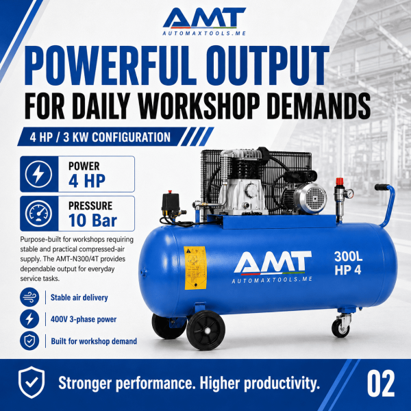 <h3>AMT-N300/4T 300L 4HP Air Compressor</h3><p>The <strong>AMT-N300/4T 300L 4HP Air Compressor</strong> is a professional three-phase piston compressor for garages and industrial users requiring stronger compressed-air performance. It features a 300-litre receiver, 4HP motor, 3kW output, 400V three-phase supply, 10 bar maximum pressure and a dependable ABAC pump.</p><h3>Technical Specifications</h3><table><thead><tr><th>Specification</th><th>Details</th></tr></thead><tbody><tr><td><strong>Model</strong></td><td>AMT-N300/4T</td></tr><tr><td><strong>Compressor Type</strong></td><td>Belt-Driven Oil-Lubricated Piston Compressor</td></tr><tr><td><strong>Receiver Capacity</strong></td><td>300 litres</td></tr><tr><td><strong>Motor Power</strong></td><td>4HP</td></tr><tr><td><strong>Rated Power</strong></td><td>3kW</td></tr><tr><td><strong>Voltage</strong></td><td>400V</td></tr><tr><td><strong>Phase</strong></td><td>Three Phase</td></tr><tr><td><strong>Frequency</strong></td><td>50Hz</td></tr><tr><td><strong>Maximum Pressure</strong></td><td>10 bar</td></tr><tr><td><strong>Pump</strong></td><td>ABAC Pump</td></tr><tr><td><strong>Manufacturing</strong></td><td>Designed and Engineered in Italy, Assembled in KSA</td></tr></tbody></table> <h3>AMT-N300/4T 300L 4HP Air Compressor</h3><p>The <strong>AMT-N300/4T 300L 4HP Air Compressor</strong> is a professional three-phase piston compressor for garages and industrial users requiring stronger compressed-air performance. It features a 300-litre receiver, 4HP motor, 3kW output, 400V three-phase supply, 10 bar maximum pressure and a dependable ABAC pump.</p><h3>Technical Specifications</h3><table><thead><tr><th>Specification</th><th>Details</th></tr></thead><tbody><tr><td><strong>Model</strong></td><td>AMT-N300/4T</td></tr><tr><td><strong>Compressor Type</strong></td><td>Belt-Driven Oil-Lubricated Piston Compressor</td></tr><tr><td><strong>Receiver Capacity</strong></td><td>300 litres</td></tr><tr><td><strong>Motor Power</strong></td><td>4HP</td></tr><tr><td><strong>Rated Power</strong></td><td>3kW</td></tr><tr><td><strong>Voltage</strong></td><td>400V</td></tr><tr><td><strong>Phase</strong></td><td>Three Phase</td></tr><tr><td><strong>Frequency</strong></td><td>50Hz</td></tr><tr><td><strong>Maximum Pressure</strong></td><td>10 bar</td></tr><tr><td><strong>Pump</strong></td><td>ABAC Pump</td></tr><tr><td><strong>Manufacturing</strong></td><td>Designed and Engineered in Italy, Assembled in KSA</td></tr></tbody></table>