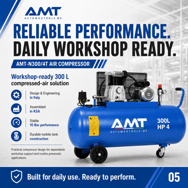 <h3>AMT-N300/4T 300L 4HP Air Compressor</h3><p>The <strong>AMT-N300/4T 300L 4HP Air Compressor</strong> is a professional three-phase piston compressor for garages and industrial users requiring stronger compressed-air performance. It features a 300-litre receiver, 4HP motor, 3kW output, 400V three-phase supply, 10 bar maximum pressure and a dependable ABAC pump.</p><h3>Technical Specifications</h3><table><thead><tr><th>Specification</th><th>Details</th></tr></thead><tbody><tr><td><strong>Model</strong></td><td>AMT-N300/4T</td></tr><tr><td><strong>Compressor Type</strong></td><td>Belt-Driven Oil-Lubricated Piston Compressor</td></tr><tr><td><strong>Receiver Capacity</strong></td><td>300 litres</td></tr><tr><td><strong>Motor Power</strong></td><td>4HP</td></tr><tr><td><strong>Rated Power</strong></td><td>3kW</td></tr><tr><td><strong>Voltage</strong></td><td>400V</td></tr><tr><td><strong>Phase</strong></td><td>Three Phase</td></tr><tr><td><strong>Frequency</strong></td><td>50Hz</td></tr><tr><td><strong>Maximum Pressure</strong></td><td>10 bar</td></tr><tr><td><strong>Pump</strong></td><td>ABAC Pump</td></tr><tr><td><strong>Manufacturing</strong></td><td>Designed and Engineered in Italy, Assembled in KSA</td></tr></tbody></table> <h3>AMT-N300/4T 300L 4HP Air Compressor</h3><p>The <strong>AMT-N300/4T 300L 4HP Air Compressor</strong> is a professional three-phase piston compressor for garages and industrial users requiring stronger compressed-air performance. It features a 300-litre receiver, 4HP motor, 3kW output, 400V three-phase supply, 10 bar maximum pressure and a dependable ABAC pump.</p><h3>Technical Specifications</h3><table><thead><tr><th>Specification</th><th>Details</th></tr></thead><tbody><tr><td><strong>Model</strong></td><td>AMT-N300/4T</td></tr><tr><td><strong>Compressor Type</strong></td><td>Belt-Driven Oil-Lubricated Piston Compressor</td></tr><tr><td><strong>Receiver Capacity</strong></td><td>300 litres</td></tr><tr><td><strong>Motor Power</strong></td><td>4HP</td></tr><tr><td><strong>Rated Power</strong></td><td>3kW</td></tr><tr><td><strong>Voltage</strong></td><td>400V</td></tr><tr><td><strong>Phase</strong></td><td>Three Phase</td></tr><tr><td><strong>Frequency</strong></td><td>50Hz</td></tr><tr><td><strong>Maximum Pressure</strong></td><td>10 bar</td></tr><tr><td><strong>Pump</strong></td><td>ABAC Pump</td></tr><tr><td><strong>Manufacturing</strong></td><td>Designed and Engineered in Italy, Assembled in KSA</td></tr></tbody></table>