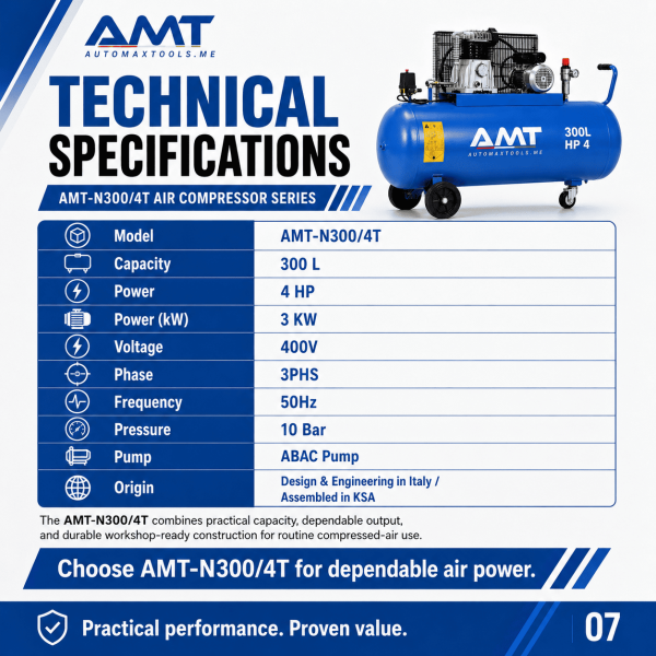 <h3>AMT-N300/4T 300L 4HP Air Compressor</h3><p>The <strong>AMT-N300/4T 300L 4HP Air Compressor</strong> is a professional three-phase piston compressor for garages and industrial users requiring stronger compressed-air performance. It features a 300-litre receiver, 4HP motor, 3kW output, 400V three-phase supply, 10 bar maximum pressure and a dependable ABAC pump.</p><h3>Technical Specifications</h3><table><thead><tr><th>Specification</th><th>Details</th></tr></thead><tbody><tr><td><strong>Model</strong></td><td>AMT-N300/4T</td></tr><tr><td><strong>Compressor Type</strong></td><td>Belt-Driven Oil-Lubricated Piston Compressor</td></tr><tr><td><strong>Receiver Capacity</strong></td><td>300 litres</td></tr><tr><td><strong>Motor Power</strong></td><td>4HP</td></tr><tr><td><strong>Rated Power</strong></td><td>3kW</td></tr><tr><td><strong>Voltage</strong></td><td>400V</td></tr><tr><td><strong>Phase</strong></td><td>Three Phase</td></tr><tr><td><strong>Frequency</strong></td><td>50Hz</td></tr><tr><td><strong>Maximum Pressure</strong></td><td>10 bar</td></tr><tr><td><strong>Pump</strong></td><td>ABAC Pump</td></tr><tr><td><strong>Manufacturing</strong></td><td>Designed and Engineered in Italy, Assembled in KSA</td></tr></tbody></table> <h3>AMT-N300/4T 300L 4HP Air Compressor</h3><p>The <strong>AMT-N300/4T 300L 4HP Air Compressor</strong> is a professional three-phase piston compressor for garages and industrial users requiring stronger compressed-air performance. It features a 300-litre receiver, 4HP motor, 3kW output, 400V three-phase supply, 10 bar maximum pressure and a dependable ABAC pump.</p><h3>Technical Specifications</h3><table><thead><tr><th>Specification</th><th>Details</th></tr></thead><tbody><tr><td><strong>Model</strong></td><td>AMT-N300/4T</td></tr><tr><td><strong>Compressor Type</strong></td><td>Belt-Driven Oil-Lubricated Piston Compressor</td></tr><tr><td><strong>Receiver Capacity</strong></td><td>300 litres</td></tr><tr><td><strong>Motor Power</strong></td><td>4HP</td></tr><tr><td><strong>Rated Power</strong></td><td>3kW</td></tr><tr><td><strong>Voltage</strong></td><td>400V</td></tr><tr><td><strong>Phase</strong></td><td>Three Phase</td></tr><tr><td><strong>Frequency</strong></td><td>50Hz</td></tr><tr><td><strong>Maximum Pressure</strong></td><td>10 bar</td></tr><tr><td><strong>Pump</strong></td><td>ABAC Pump</td></tr><tr><td><strong>Manufacturing</strong></td><td>Designed and Engineered in Italy, Assembled in KSA</td></tr></tbody></table>