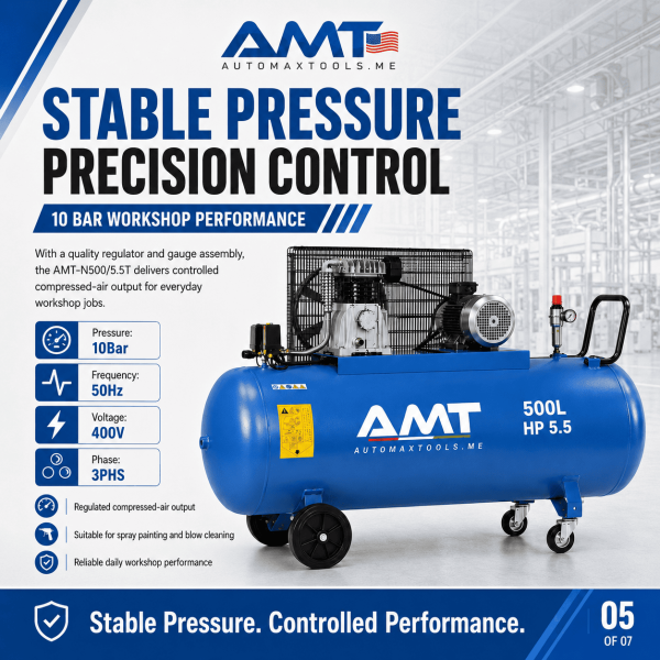 <h3>AMT-N500/5.5T 500L 5.5HP Air Compressor</h3><p>The <strong>AMT-N500/5.5T 500L 5.5HP Air Compressor</strong> is a heavy-duty three-phase piston compressor designed for busy automotive workshops, body shops and industrial maintenance facilities. Its 500-litre receiver, 5.5HP motor, 4kW output, 400V supply, 10 bar pressure and ABAC pump provide reliable compressed-air performance for demanding applications.</p><h3>Technical Specifications</h3><table><thead><tr><th>Specification</th><th>Details</th></tr></thead><tbody><tr><td><strong>Model</strong></td><td>AMT-N500/5.5T</td></tr><tr><td><strong>Compressor Type</strong></td><td>Belt-Driven Oil-Lubricated Piston Compressor</td></tr><tr><td><strong>Receiver Capacity</strong></td><td>500 litres</td></tr><tr><td><strong>Motor Power</strong></td><td>5.5HP</td></tr><tr><td><strong>Rated Power</strong></td><td>4kW</td></tr><tr><td><strong>Voltage</strong></td><td>400V</td></tr><tr><td><strong>Phase</strong></td><td>Three Phase</td></tr><tr><td><strong>Frequency</strong></td><td>50Hz</td></tr><tr><td><strong>Maximum Pressure</strong></td><td>10 bar</td></tr><tr><td><strong>Pump</strong></td><td>ABAC Pump</td></tr><tr><td><strong>Manufacturing</strong></td><td>Designed and Engineered in Italy, Assembled in KSA</td></tr></tbody></table> <h3>AMT-N500/5.5T 500L 5.5HP Air Compressor</h3><p>The <strong>AMT-N500/5.5T 500L 5.5HP Air Compressor</strong> is a heavy-duty three-phase piston compressor designed for busy automotive workshops, body shops and industrial maintenance facilities. Its 500-litre receiver, 5.5HP motor, 4kW output, 400V supply, 10 bar pressure and ABAC pump provide reliable compressed-air performance for demanding applications.</p><h3>Technical Specifications</h3><table><thead><tr><th>Specification</th><th>Details</th></tr></thead><tbody><tr><td><strong>Model</strong></td><td>AMT-N500/5.5T</td></tr><tr><td><strong>Compressor Type</strong></td><td>Belt-Driven Oil-Lubricated Piston Compressor</td></tr><tr><td><strong>Receiver Capacity</strong></td><td>500 litres</td></tr><tr><td><strong>Motor Power</strong></td><td>5.5HP</td></tr><tr><td><strong>Rated Power</strong></td><td>4kW</td></tr><tr><td><strong>Voltage</strong></td><td>400V</td></tr><tr><td><strong>Phase</strong></td><td>Three Phase</td></tr><tr><td><strong>Frequency</strong></td><td>50Hz</td></tr><tr><td><strong>Maximum Pressure</strong></td><td>10 bar</td></tr><tr><td><strong>Pump</strong></td><td>ABAC Pump</td></tr><tr><td><strong>Manufacturing</strong></td><td>Designed and Engineered in Italy, Assembled in KSA</td></tr></tbody></table>