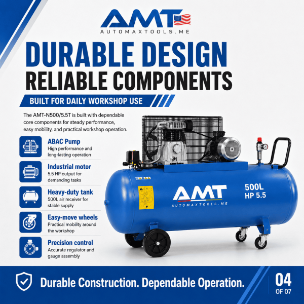 <h3>AMT-N500/5.5T 500L 5.5HP Air Compressor</h3><p>The <strong>AMT-N500/5.5T 500L 5.5HP Air Compressor</strong> is a heavy-duty three-phase piston compressor designed for busy automotive workshops, body shops and industrial maintenance facilities. Its 500-litre receiver, 5.5HP motor, 4kW output, 400V supply, 10 bar pressure and ABAC pump provide reliable compressed-air performance for demanding applications.</p><h3>Technical Specifications</h3><table><thead><tr><th>Specification</th><th>Details</th></tr></thead><tbody><tr><td><strong>Model</strong></td><td>AMT-N500/5.5T</td></tr><tr><td><strong>Compressor Type</strong></td><td>Belt-Driven Oil-Lubricated Piston Compressor</td></tr><tr><td><strong>Receiver Capacity</strong></td><td>500 litres</td></tr><tr><td><strong>Motor Power</strong></td><td>5.5HP</td></tr><tr><td><strong>Rated Power</strong></td><td>4kW</td></tr><tr><td><strong>Voltage</strong></td><td>400V</td></tr><tr><td><strong>Phase</strong></td><td>Three Phase</td></tr><tr><td><strong>Frequency</strong></td><td>50Hz</td></tr><tr><td><strong>Maximum Pressure</strong></td><td>10 bar</td></tr><tr><td><strong>Pump</strong></td><td>ABAC Pump</td></tr><tr><td><strong>Manufacturing</strong></td><td>Designed and Engineered in Italy, Assembled in KSA</td></tr></tbody></table> <h3>AMT-N500/5.5T 500L 5.5HP Air Compressor</h3><p>The <strong>AMT-N500/5.5T 500L 5.5HP Air Compressor</strong> is a heavy-duty three-phase piston compressor designed for busy automotive workshops, body shops and industrial maintenance facilities. Its 500-litre receiver, 5.5HP motor, 4kW output, 400V supply, 10 bar pressure and ABAC pump provide reliable compressed-air performance for demanding applications.</p><h3>Technical Specifications</h3><table><thead><tr><th>Specification</th><th>Details</th></tr></thead><tbody><tr><td><strong>Model</strong></td><td>AMT-N500/5.5T</td></tr><tr><td><strong>Compressor Type</strong></td><td>Belt-Driven Oil-Lubricated Piston Compressor</td></tr><tr><td><strong>Receiver Capacity</strong></td><td>500 litres</td></tr><tr><td><strong>Motor Power</strong></td><td>5.5HP</td></tr><tr><td><strong>Rated Power</strong></td><td>4kW</td></tr><tr><td><strong>Voltage</strong></td><td>400V</td></tr><tr><td><strong>Phase</strong></td><td>Three Phase</td></tr><tr><td><strong>Frequency</strong></td><td>50Hz</td></tr><tr><td><strong>Maximum Pressure</strong></td><td>10 bar</td></tr><tr><td><strong>Pump</strong></td><td>ABAC Pump</td></tr><tr><td><strong>Manufacturing</strong></td><td>Designed and Engineered in Italy, Assembled in KSA</td></tr></tbody></table>