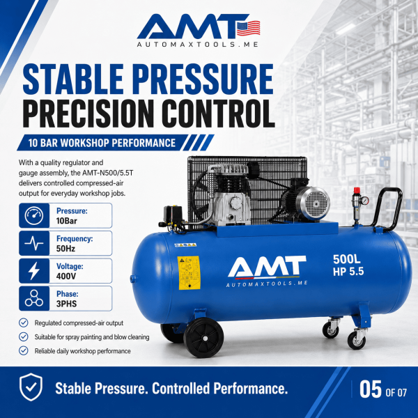 <h3>AMT-N500/5.5T 500L 5.5HP Air Compressor</h3><p>The <strong>AMT-N500/5.5T 500L 5.5HP Air Compressor</strong> is a heavy-duty three-phase piston compressor designed for busy automotive workshops, body shops and industrial maintenance facilities. Its 500-litre receiver, 5.5HP motor, 4kW output, 400V supply, 10 bar pressure and ABAC pump provide reliable compressed-air performance for demanding applications.</p><h3>Technical Specifications</h3><table><thead><tr><th>Specification</th><th>Details</th></tr></thead><tbody><tr><td><strong>Model</strong></td><td>AMT-N500/5.5T</td></tr><tr><td><strong>Compressor Type</strong></td><td>Belt-Driven Oil-Lubricated Piston Compressor</td></tr><tr><td><strong>Receiver Capacity</strong></td><td>500 litres</td></tr><tr><td><strong>Motor Power</strong></td><td>5.5HP</td></tr><tr><td><strong>Rated Power</strong></td><td>4kW</td></tr><tr><td><strong>Voltage</strong></td><td>400V</td></tr><tr><td><strong>Phase</strong></td><td>Three Phase</td></tr><tr><td><strong>Frequency</strong></td><td>50Hz</td></tr><tr><td><strong>Maximum Pressure</strong></td><td>10 bar</td></tr><tr><td><strong>Pump</strong></td><td>ABAC Pump</td></tr><tr><td><strong>Manufacturing</strong></td><td>Designed and Engineered in Italy, Assembled in KSA</td></tr></tbody></table> <h3>AMT-N500/5.5T 500L 5.5HP Air Compressor</h3><p>The <strong>AMT-N500/5.5T 500L 5.5HP Air Compressor</strong> is a heavy-duty three-phase piston compressor designed for busy automotive workshops, body shops and industrial maintenance facilities. Its 500-litre receiver, 5.5HP motor, 4kW output, 400V supply, 10 bar pressure and ABAC pump provide reliable compressed-air performance for demanding applications.</p><h3>Technical Specifications</h3><table><thead><tr><th>Specification</th><th>Details</th></tr></thead><tbody><tr><td><strong>Model</strong></td><td>AMT-N500/5.5T</td></tr><tr><td><strong>Compressor Type</strong></td><td>Belt-Driven Oil-Lubricated Piston Compressor</td></tr><tr><td><strong>Receiver Capacity</strong></td><td>500 litres</td></tr><tr><td><strong>Motor Power</strong></td><td>5.5HP</td></tr><tr><td><strong>Rated Power</strong></td><td>4kW</td></tr><tr><td><strong>Voltage</strong></td><td>400V</td></tr><tr><td><strong>Phase</strong></td><td>Three Phase</td></tr><tr><td><strong>Frequency</strong></td><td>50Hz</td></tr><tr><td><strong>Maximum Pressure</strong></td><td>10 bar</td></tr><tr><td><strong>Pump</strong></td><td>ABAC Pump</td></tr><tr><td><strong>Manufacturing</strong></td><td>Designed and Engineered in Italy, Assembled in KSA</td></tr></tbody></table>