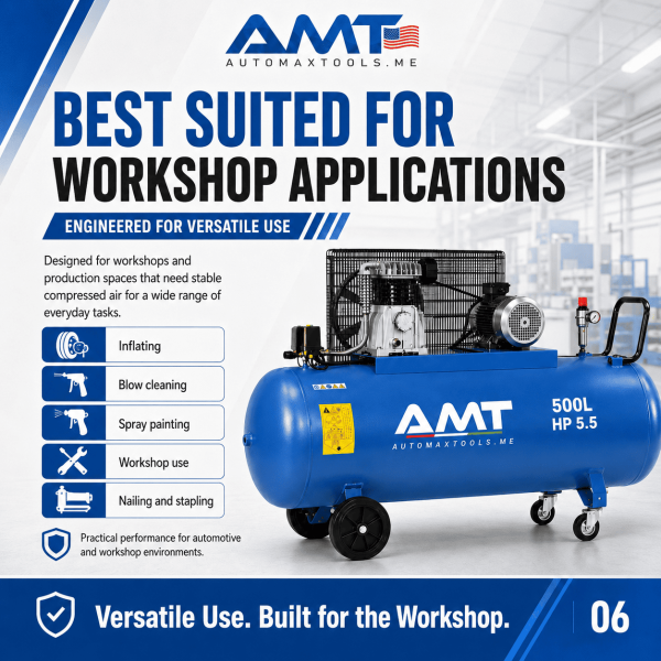 <h3>AMT-N500/5.5T 500L 5.5HP Air Compressor</h3><p>The <strong>AMT-N500/5.5T 500L 5.5HP Air Compressor</strong> is a heavy-duty three-phase piston compressor designed for busy automotive workshops, body shops and industrial maintenance facilities. Its 500-litre receiver, 5.5HP motor, 4kW output, 400V supply, 10 bar pressure and ABAC pump provide reliable compressed-air performance for demanding applications.</p><h3>Technical Specifications</h3><table><thead><tr><th>Specification</th><th>Details</th></tr></thead><tbody><tr><td><strong>Model</strong></td><td>AMT-N500/5.5T</td></tr><tr><td><strong>Compressor Type</strong></td><td>Belt-Driven Oil-Lubricated Piston Compressor</td></tr><tr><td><strong>Receiver Capacity</strong></td><td>500 litres</td></tr><tr><td><strong>Motor Power</strong></td><td>5.5HP</td></tr><tr><td><strong>Rated Power</strong></td><td>4kW</td></tr><tr><td><strong>Voltage</strong></td><td>400V</td></tr><tr><td><strong>Phase</strong></td><td>Three Phase</td></tr><tr><td><strong>Frequency</strong></td><td>50Hz</td></tr><tr><td><strong>Maximum Pressure</strong></td><td>10 bar</td></tr><tr><td><strong>Pump</strong></td><td>ABAC Pump</td></tr><tr><td><strong>Manufacturing</strong></td><td>Designed and Engineered in Italy, Assembled in KSA</td></tr></tbody></table> <h3>AMT-N500/5.5T 500L 5.5HP Air Compressor</h3><p>The <strong>AMT-N500/5.5T 500L 5.5HP Air Compressor</strong> is a heavy-duty three-phase piston compressor designed for busy automotive workshops, body shops and industrial maintenance facilities. Its 500-litre receiver, 5.5HP motor, 4kW output, 400V supply, 10 bar pressure and ABAC pump provide reliable compressed-air performance for demanding applications.</p><h3>Technical Specifications</h3><table><thead><tr><th>Specification</th><th>Details</th></tr></thead><tbody><tr><td><strong>Model</strong></td><td>AMT-N500/5.5T</td></tr><tr><td><strong>Compressor Type</strong></td><td>Belt-Driven Oil-Lubricated Piston Compressor</td></tr><tr><td><strong>Receiver Capacity</strong></td><td>500 litres</td></tr><tr><td><strong>Motor Power</strong></td><td>5.5HP</td></tr><tr><td><strong>Rated Power</strong></td><td>4kW</td></tr><tr><td><strong>Voltage</strong></td><td>400V</td></tr><tr><td><strong>Phase</strong></td><td>Three Phase</td></tr><tr><td><strong>Frequency</strong></td><td>50Hz</td></tr><tr><td><strong>Maximum Pressure</strong></td><td>10 bar</td></tr><tr><td><strong>Pump</strong></td><td>ABAC Pump</td></tr><tr><td><strong>Manufacturing</strong></td><td>Designed and Engineered in Italy, Assembled in KSA</td></tr></tbody></table>