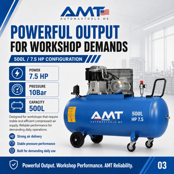 <h3>AMT-N500/7.5T 500L 7.5HP Air Compressor</h3><p>The <strong>AMT-N500/7.5T 500L 7.5HP Air Compressor</strong> is a high-output industrial piston compressor for workshops and facilities with demanding compressed-air requirements. It combines a 500-litre receiver, 7.5HP motor, 5.5kW output, 400V three-phase power, 10 bar maximum pressure and a durable ABAC pump.</p><h3>Technical Specifications</h3><table><thead><tr><th>Specification</th><th>Details</th></tr></thead><tbody><tr><td><strong>Model</strong></td><td>AMT-N500/7.5T</td></tr><tr><td><strong>Compressor Type</strong></td><td>Belt-Driven Oil-Lubricated Piston Compressor</td></tr><tr><td><strong>Receiver Capacity</strong></td><td>500 litres</td></tr><tr><td><strong>Motor Power</strong></td><td>7.5HP</td></tr><tr><td><strong>Rated Power</strong></td><td>5.5kW</td></tr><tr><td><strong>Voltage</strong></td><td>400V</td></tr><tr><td><strong>Phase</strong></td><td>Three Phase</td></tr><tr><td><strong>Frequency</strong></td><td>50Hz</td></tr><tr><td><strong>Maximum Pressure</strong></td><td>10 bar</td></tr><tr><td><strong>Pump</strong></td><td>ABAC Pump</td></tr><tr><td><strong>Manufacturing</strong></td><td>Designed and Engineered in Italy, Assembled in KSA</td></tr></tbody></table> <h3>AMT-N500/7.5T 500L 7.5HP Air Compressor</h3><p>The <strong>AMT-N500/7.5T 500L 7.5HP Air Compressor</strong> is a high-output industrial piston compressor for workshops and facilities with demanding compressed-air requirements. It combines a 500-litre receiver, 7.5HP motor, 5.5kW output, 400V three-phase power, 10 bar maximum pressure and a durable ABAC pump.</p><h3>Technical Specifications</h3><table><thead><tr><th>Specification</th><th>Details</th></tr></thead><tbody><tr><td><strong>Model</strong></td><td>AMT-N500/7.5T</td></tr><tr><td><strong>Compressor Type</strong></td><td>Belt-Driven Oil-Lubricated Piston Compressor</td></tr><tr><td><strong>Receiver Capacity</strong></td><td>500 litres</td></tr><tr><td><strong>Motor Power</strong></td><td>7.5HP</td></tr><tr><td><strong>Rated Power</strong></td><td>5.5kW</td></tr><tr><td><strong>Voltage</strong></td><td>400V</td></tr><tr><td><strong>Phase</strong></td><td>Three Phase</td></tr><tr><td><strong>Frequency</strong></td><td>50Hz</td></tr><tr><td><strong>Maximum Pressure</strong></td><td>10 bar</td></tr><tr><td><strong>Pump</strong></td><td>ABAC Pump</td></tr><tr><td><strong>Manufacturing</strong></td><td>Designed and Engineered in Italy, Assembled in KSA</td></tr></tbody></table>