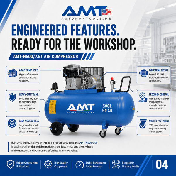 <h3>AMT-N500/7.5T 500L 7.5HP Air Compressor</h3><p>The <strong>AMT-N500/7.5T 500L 7.5HP Air Compressor</strong> is a high-output industrial piston compressor for workshops and facilities with demanding compressed-air requirements. It combines a 500-litre receiver, 7.5HP motor, 5.5kW output, 400V three-phase power, 10 bar maximum pressure and a durable ABAC pump.</p><h3>Technical Specifications</h3><table><thead><tr><th>Specification</th><th>Details</th></tr></thead><tbody><tr><td><strong>Model</strong></td><td>AMT-N500/7.5T</td></tr><tr><td><strong>Compressor Type</strong></td><td>Belt-Driven Oil-Lubricated Piston Compressor</td></tr><tr><td><strong>Receiver Capacity</strong></td><td>500 litres</td></tr><tr><td><strong>Motor Power</strong></td><td>7.5HP</td></tr><tr><td><strong>Rated Power</strong></td><td>5.5kW</td></tr><tr><td><strong>Voltage</strong></td><td>400V</td></tr><tr><td><strong>Phase</strong></td><td>Three Phase</td></tr><tr><td><strong>Frequency</strong></td><td>50Hz</td></tr><tr><td><strong>Maximum Pressure</strong></td><td>10 bar</td></tr><tr><td><strong>Pump</strong></td><td>ABAC Pump</td></tr><tr><td><strong>Manufacturing</strong></td><td>Designed and Engineered in Italy, Assembled in KSA</td></tr></tbody></table> <h3>AMT-N500/7.5T 500L 7.5HP Air Compressor</h3><p>The <strong>AMT-N500/7.5T 500L 7.5HP Air Compressor</strong> is a high-output industrial piston compressor for workshops and facilities with demanding compressed-air requirements. It combines a 500-litre receiver, 7.5HP motor, 5.5kW output, 400V three-phase power, 10 bar maximum pressure and a durable ABAC pump.</p><h3>Technical Specifications</h3><table><thead><tr><th>Specification</th><th>Details</th></tr></thead><tbody><tr><td><strong>Model</strong></td><td>AMT-N500/7.5T</td></tr><tr><td><strong>Compressor Type</strong></td><td>Belt-Driven Oil-Lubricated Piston Compressor</td></tr><tr><td><strong>Receiver Capacity</strong></td><td>500 litres</td></tr><tr><td><strong>Motor Power</strong></td><td>7.5HP</td></tr><tr><td><strong>Rated Power</strong></td><td>5.5kW</td></tr><tr><td><strong>Voltage</strong></td><td>400V</td></tr><tr><td><strong>Phase</strong></td><td>Three Phase</td></tr><tr><td><strong>Frequency</strong></td><td>50Hz</td></tr><tr><td><strong>Maximum Pressure</strong></td><td>10 bar</td></tr><tr><td><strong>Pump</strong></td><td>ABAC Pump</td></tr><tr><td><strong>Manufacturing</strong></td><td>Designed and Engineered in Italy, Assembled in KSA</td></tr></tbody></table>