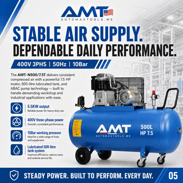 <h3>AMT-N500/7.5T 500L 7.5HP Air Compressor</h3><p>The <strong>AMT-N500/7.5T 500L 7.5HP Air Compressor</strong> is a high-output industrial piston compressor for workshops and facilities with demanding compressed-air requirements. It combines a 500-litre receiver, 7.5HP motor, 5.5kW output, 400V three-phase power, 10 bar maximum pressure and a durable ABAC pump.</p><h3>Technical Specifications</h3><table><thead><tr><th>Specification</th><th>Details</th></tr></thead><tbody><tr><td><strong>Model</strong></td><td>AMT-N500/7.5T</td></tr><tr><td><strong>Compressor Type</strong></td><td>Belt-Driven Oil-Lubricated Piston Compressor</td></tr><tr><td><strong>Receiver Capacity</strong></td><td>500 litres</td></tr><tr><td><strong>Motor Power</strong></td><td>7.5HP</td></tr><tr><td><strong>Rated Power</strong></td><td>5.5kW</td></tr><tr><td><strong>Voltage</strong></td><td>400V</td></tr><tr><td><strong>Phase</strong></td><td>Three Phase</td></tr><tr><td><strong>Frequency</strong></td><td>50Hz</td></tr><tr><td><strong>Maximum Pressure</strong></td><td>10 bar</td></tr><tr><td><strong>Pump</strong></td><td>ABAC Pump</td></tr><tr><td><strong>Manufacturing</strong></td><td>Designed and Engineered in Italy, Assembled in KSA</td></tr></tbody></table> <h3>AMT-N500/7.5T 500L 7.5HP Air Compressor</h3><p>The <strong>AMT-N500/7.5T 500L 7.5HP Air Compressor</strong> is a high-output industrial piston compressor for workshops and facilities with demanding compressed-air requirements. It combines a 500-litre receiver, 7.5HP motor, 5.5kW output, 400V three-phase power, 10 bar maximum pressure and a durable ABAC pump.</p><h3>Technical Specifications</h3><table><thead><tr><th>Specification</th><th>Details</th></tr></thead><tbody><tr><td><strong>Model</strong></td><td>AMT-N500/7.5T</td></tr><tr><td><strong>Compressor Type</strong></td><td>Belt-Driven Oil-Lubricated Piston Compressor</td></tr><tr><td><strong>Receiver Capacity</strong></td><td>500 litres</td></tr><tr><td><strong>Motor Power</strong></td><td>7.5HP</td></tr><tr><td><strong>Rated Power</strong></td><td>5.5kW</td></tr><tr><td><strong>Voltage</strong></td><td>400V</td></tr><tr><td><strong>Phase</strong></td><td>Three Phase</td></tr><tr><td><strong>Frequency</strong></td><td>50Hz</td></tr><tr><td><strong>Maximum Pressure</strong></td><td>10 bar</td></tr><tr><td><strong>Pump</strong></td><td>ABAC Pump</td></tr><tr><td><strong>Manufacturing</strong></td><td>Designed and Engineered in Italy, Assembled in KSA</td></tr></tbody></table>