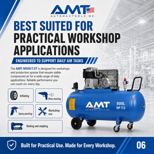 <h3>AMT-N500/7.5T 500L 7.5HP Air Compressor</h3><p>The <strong>AMT-N500/7.5T 500L 7.5HP Air Compressor</strong> is a high-output industrial piston compressor for workshops and facilities with demanding compressed-air requirements. It combines a 500-litre receiver, 7.5HP motor, 5.5kW output, 400V three-phase power, 10 bar maximum pressure and a durable ABAC pump.</p><h3>Technical Specifications</h3><table><thead><tr><th>Specification</th><th>Details</th></tr></thead><tbody><tr><td><strong>Model</strong></td><td>AMT-N500/7.5T</td></tr><tr><td><strong>Compressor Type</strong></td><td>Belt-Driven Oil-Lubricated Piston Compressor</td></tr><tr><td><strong>Receiver Capacity</strong></td><td>500 litres</td></tr><tr><td><strong>Motor Power</strong></td><td>7.5HP</td></tr><tr><td><strong>Rated Power</strong></td><td>5.5kW</td></tr><tr><td><strong>Voltage</strong></td><td>400V</td></tr><tr><td><strong>Phase</strong></td><td>Three Phase</td></tr><tr><td><strong>Frequency</strong></td><td>50Hz</td></tr><tr><td><strong>Maximum Pressure</strong></td><td>10 bar</td></tr><tr><td><strong>Pump</strong></td><td>ABAC Pump</td></tr><tr><td><strong>Manufacturing</strong></td><td>Designed and Engineered in Italy, Assembled in KSA</td></tr></tbody></table> <h3>AMT-N500/7.5T 500L 7.5HP Air Compressor</h3><p>The <strong>AMT-N500/7.5T 500L 7.5HP Air Compressor</strong> is a high-output industrial piston compressor for workshops and facilities with demanding compressed-air requirements. It combines a 500-litre receiver, 7.5HP motor, 5.5kW output, 400V three-phase power, 10 bar maximum pressure and a durable ABAC pump.</p><h3>Technical Specifications</h3><table><thead><tr><th>Specification</th><th>Details</th></tr></thead><tbody><tr><td><strong>Model</strong></td><td>AMT-N500/7.5T</td></tr><tr><td><strong>Compressor Type</strong></td><td>Belt-Driven Oil-Lubricated Piston Compressor</td></tr><tr><td><strong>Receiver Capacity</strong></td><td>500 litres</td></tr><tr><td><strong>Motor Power</strong></td><td>7.5HP</td></tr><tr><td><strong>Rated Power</strong></td><td>5.5kW</td></tr><tr><td><strong>Voltage</strong></td><td>400V</td></tr><tr><td><strong>Phase</strong></td><td>Three Phase</td></tr><tr><td><strong>Frequency</strong></td><td>50Hz</td></tr><tr><td><strong>Maximum Pressure</strong></td><td>10 bar</td></tr><tr><td><strong>Pump</strong></td><td>ABAC Pump</td></tr><tr><td><strong>Manufacturing</strong></td><td>Designed and Engineered in Italy, Assembled in KSA</td></tr></tbody></table>